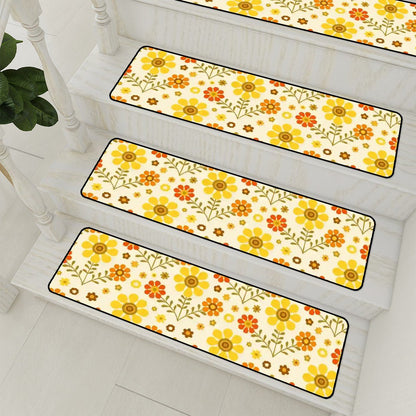 Kate McEnroe New York 70s Daisy Floral Stair Treads, Retro Mid Century Modern Yellow Orange Stair RugsStair TreadsO0lGbdrToW