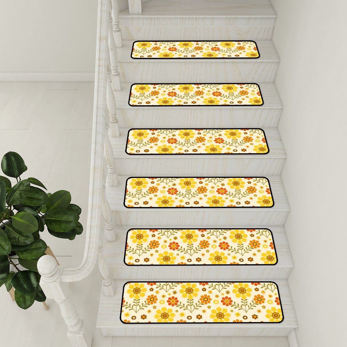 Kate McEnroe New York 70s Daisy Floral Stair Treads, Retro Mid Century Modern Yellow Orange Stair RugsStair TreadsO0lGbdrToW