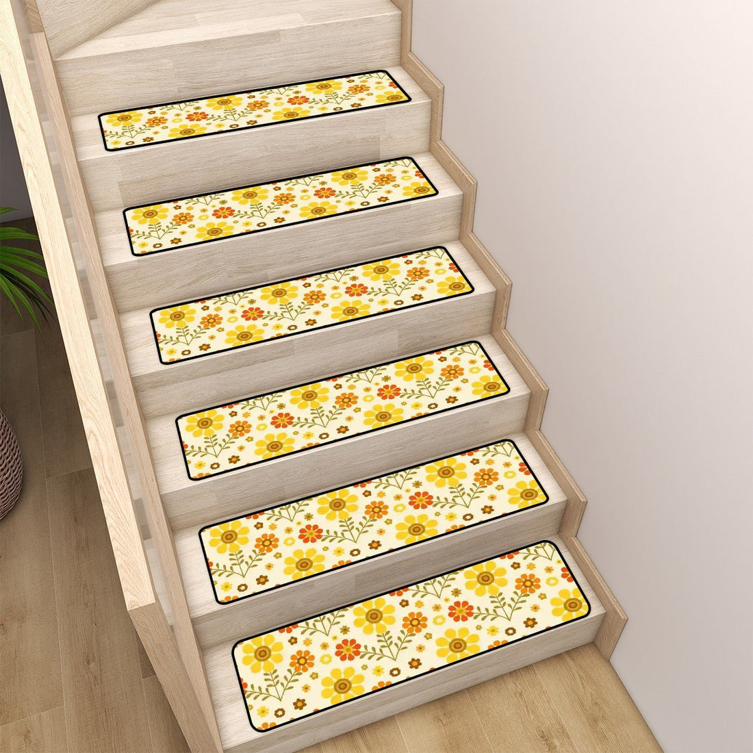 Kate McEnroe New York 70s Daisy Floral Stair Treads, Retro Mid Century Modern Yellow Orange Stair RugsStair TreadsO0lGbdrToW