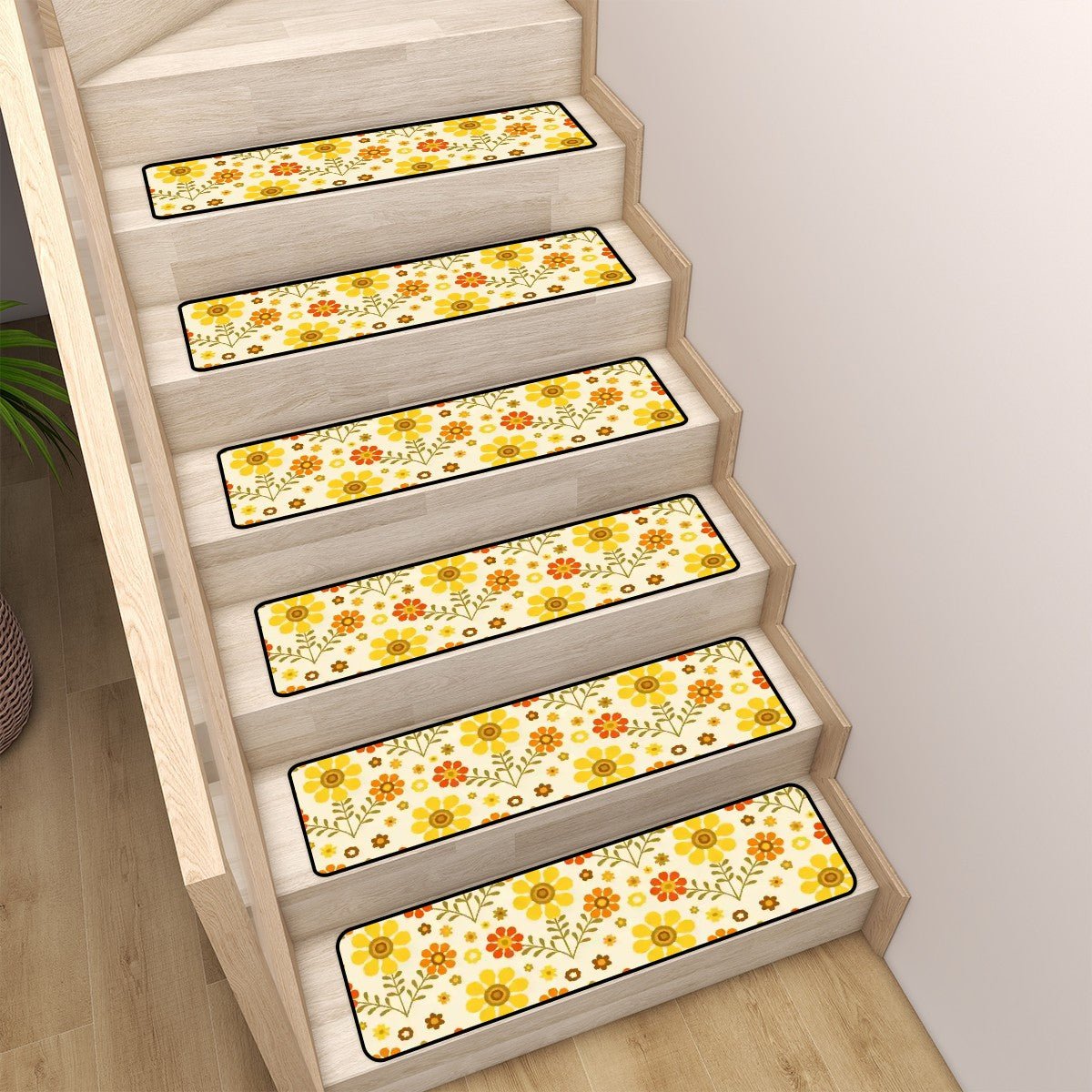 Kate McEnroe New York 70s Daisy Floral Stair Treads, Retro Mid Century Modern Yellow Orange Stair RugsStair TreadsO0lGbdrToW