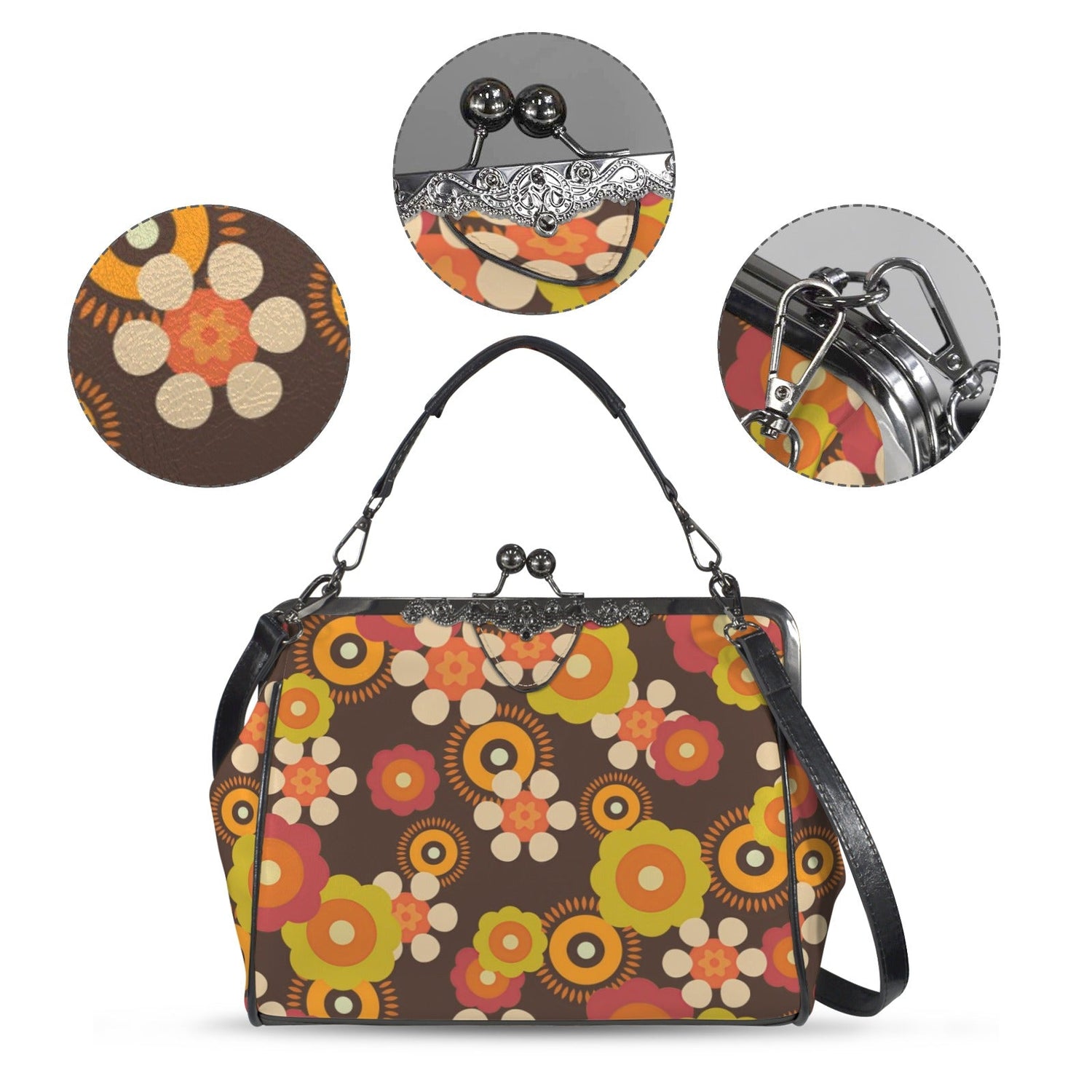 Kate McEnroe New York 70s Flower Power Kiss Lock Purse, Retro Mod Floral HandbagCrossbody BagsD3384973