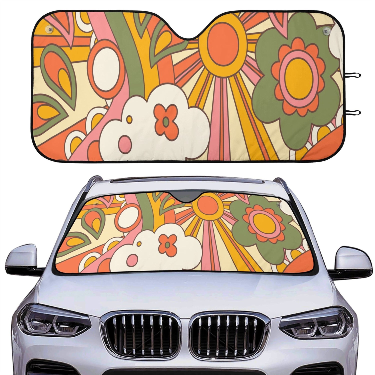 Kate McEnroe New York 70s Groovy Floral Car Sunshade, Retro Hippie Flower Power Windshield CoverCar SunshadeYP6GZ3GN - 1