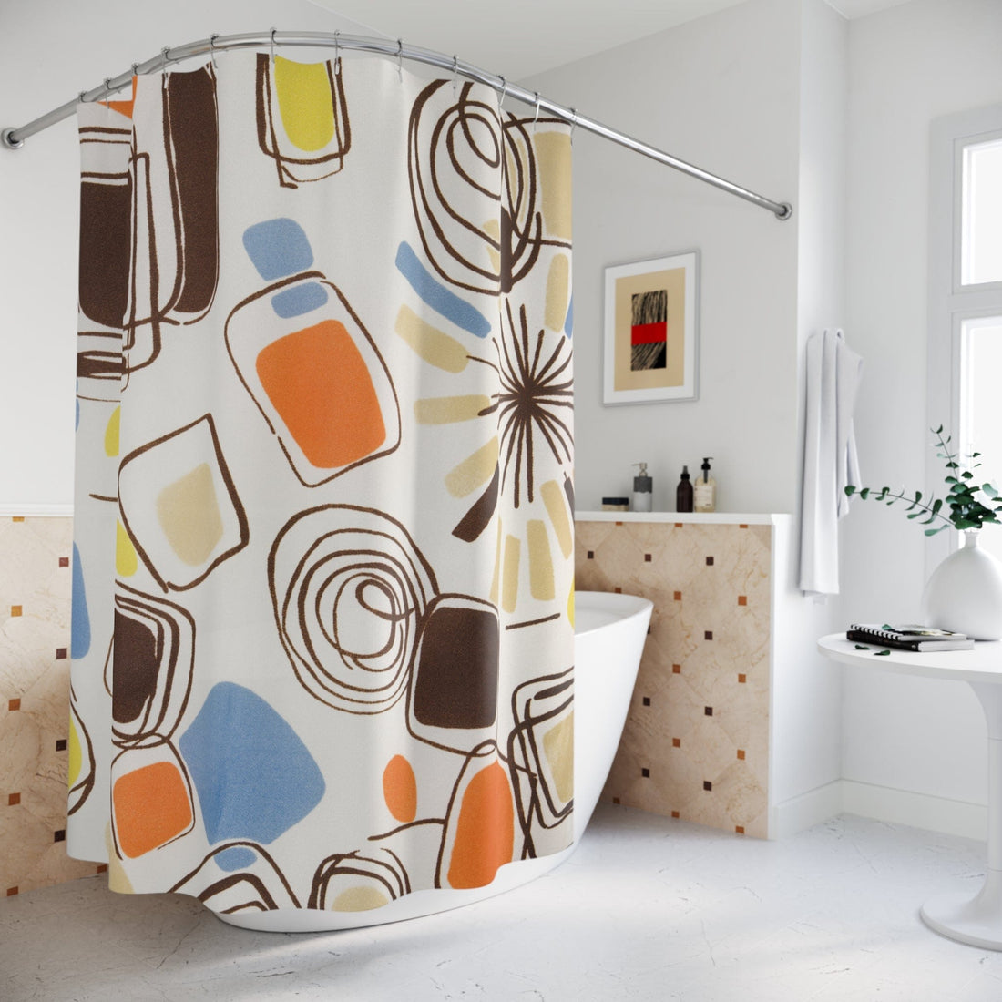 Printify 70S Groovy Hippie Retro Geometric Shower Curtain, Mid Century Modern Bath Decor Home Decor 70&quot; × 90&quot; S40-COL-GEO-7X9