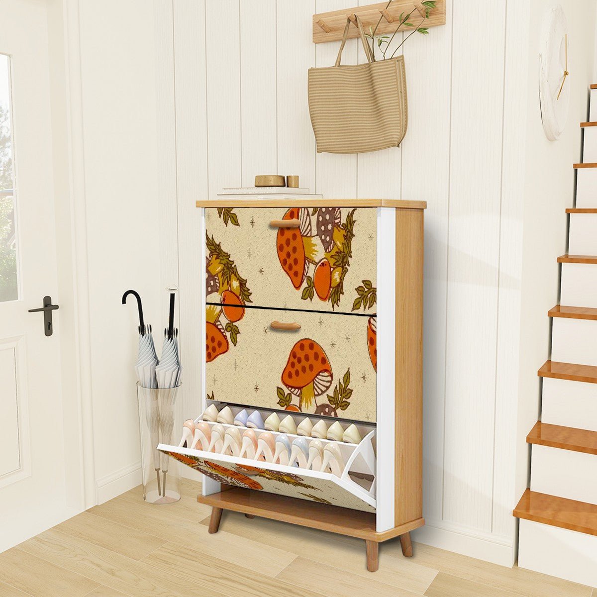 Kate McEnroe New York 70s Merry Mushroom Shoe Cabinet, Retro Mid Century Modern Storage Organizer, Woodland MCM Hallway FurnitureShoe StoragedwkTwUGPLb
