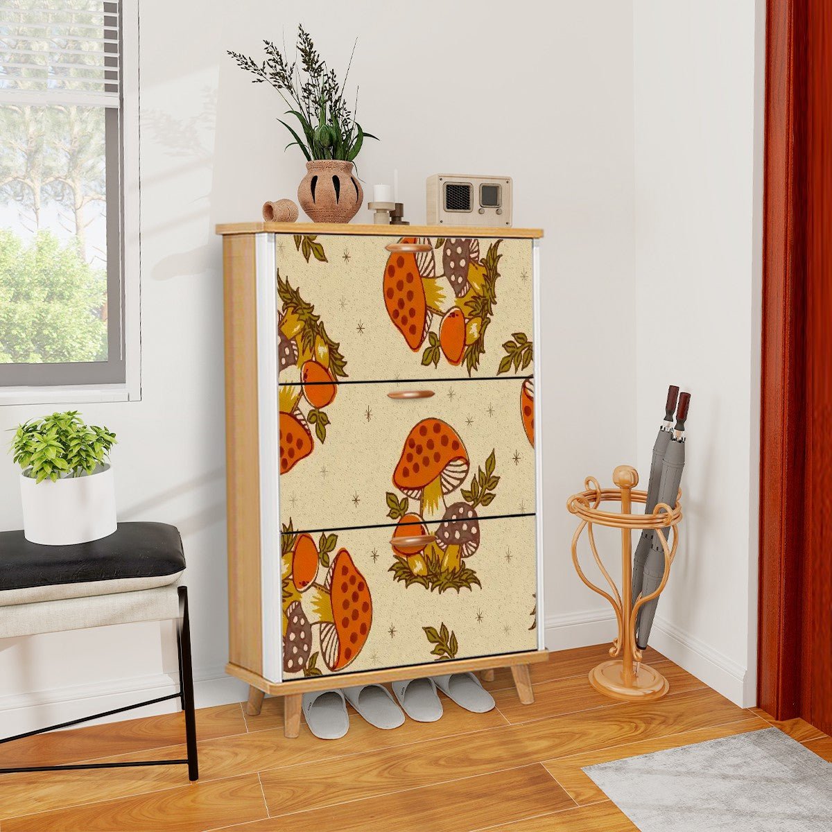 Kate McEnroe New York 70s Merry Mushroom Shoe Cabinet, Retro Mid Century Modern Storage Organizer, Woodland MCM Hallway FurnitureShoe StoragedwkTwUGPLb
