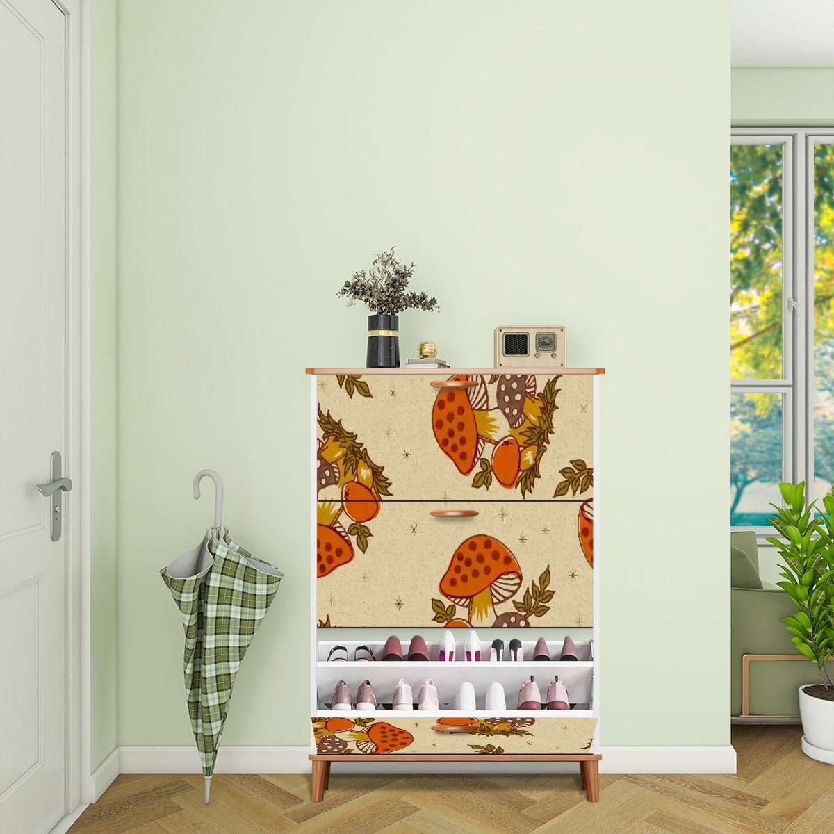 Kate McEnroe New York 70s Merry Mushroom Shoe Cabinet, Retro Mid Century Modern Storage Organizer, Woodland MCM Hallway FurnitureShoe StoragedwkTwUGPLb