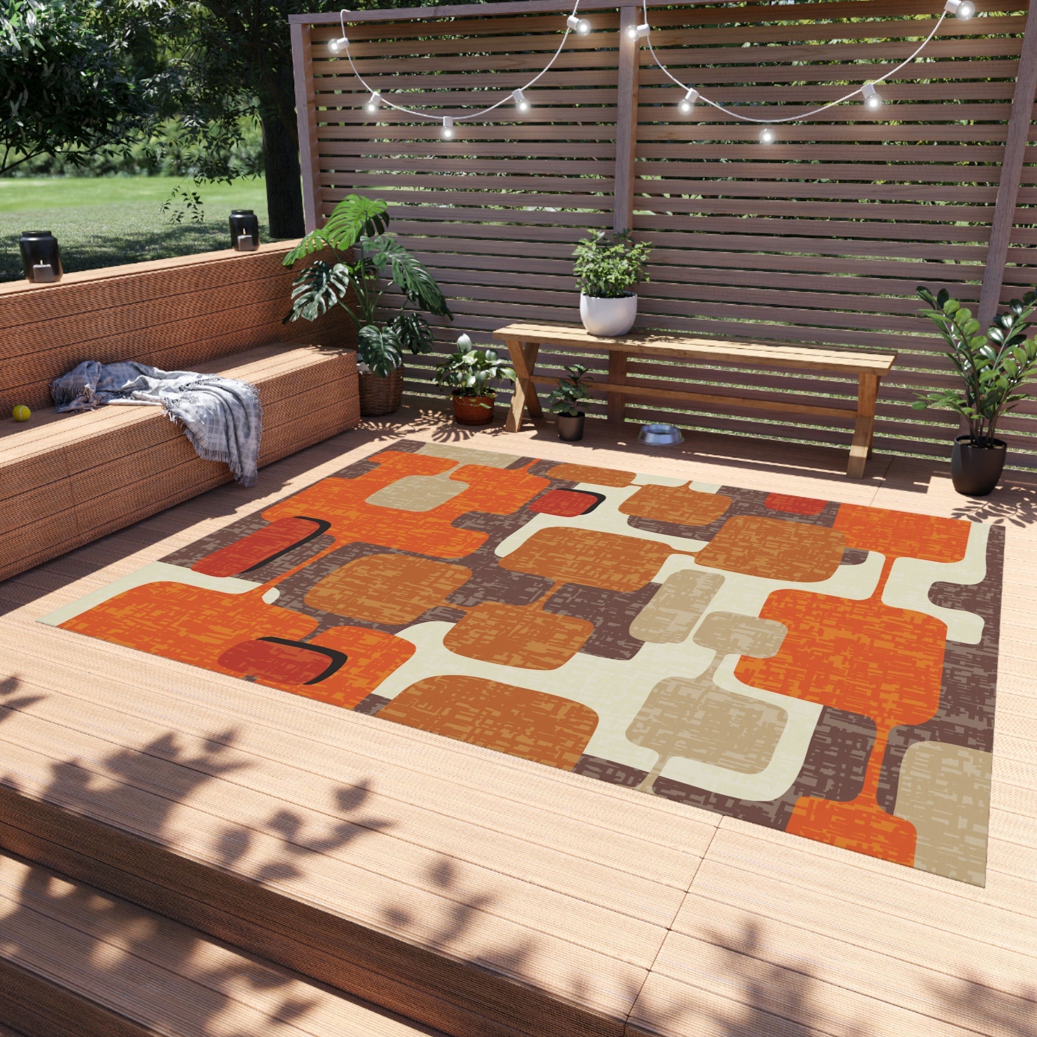 Kate McEnroe New York 70s Retro Burnt Orange, Earthy Brown and Cream Geometric Mid Century Modern Indoor/Outdoor Patio &amp; Porch Area RugRugs17919564187502396819