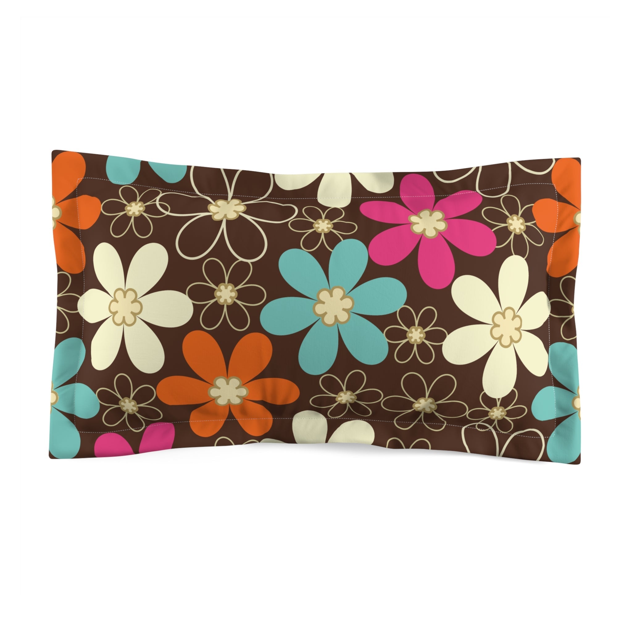 Kate McEnroe New York 70s Retro Groovy Hippie Flower Power Pillow Sham, Mid Century Modern Teal, Orange, Pink, Chocolate Floral BeddingPillow Shams20886804470313727226