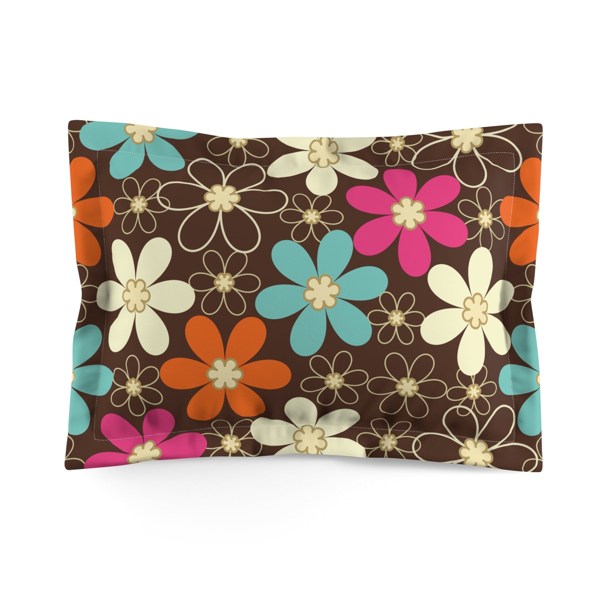 Kate McEnroe New York 70s Retro Groovy Hippie Flower Power Pillow Sham, Mid Century Modern Teal, Orange, Pink, Chocolate Floral BeddingPillow Shams23236996938362387323