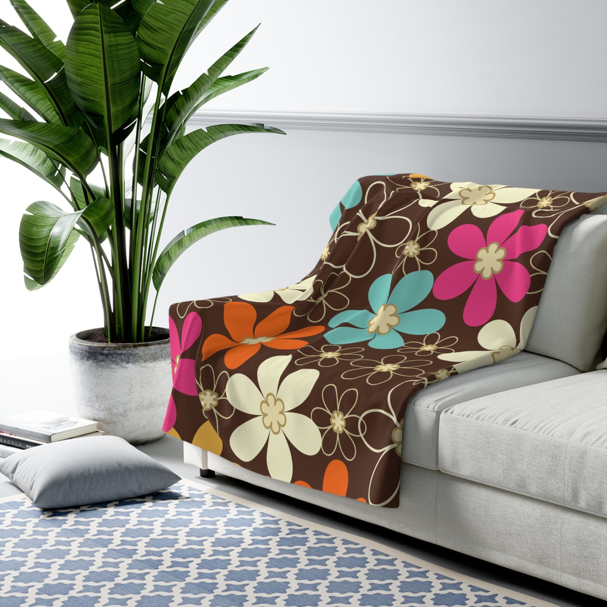 Kate McEnroe New York 70s Retro Groovy Hippie Flower Power Sherpa Blanket, Mid Century Modern Teal, Orange, Pink, Chocolate Floral Fleece Throw BlanketBlankets17340753439988645679