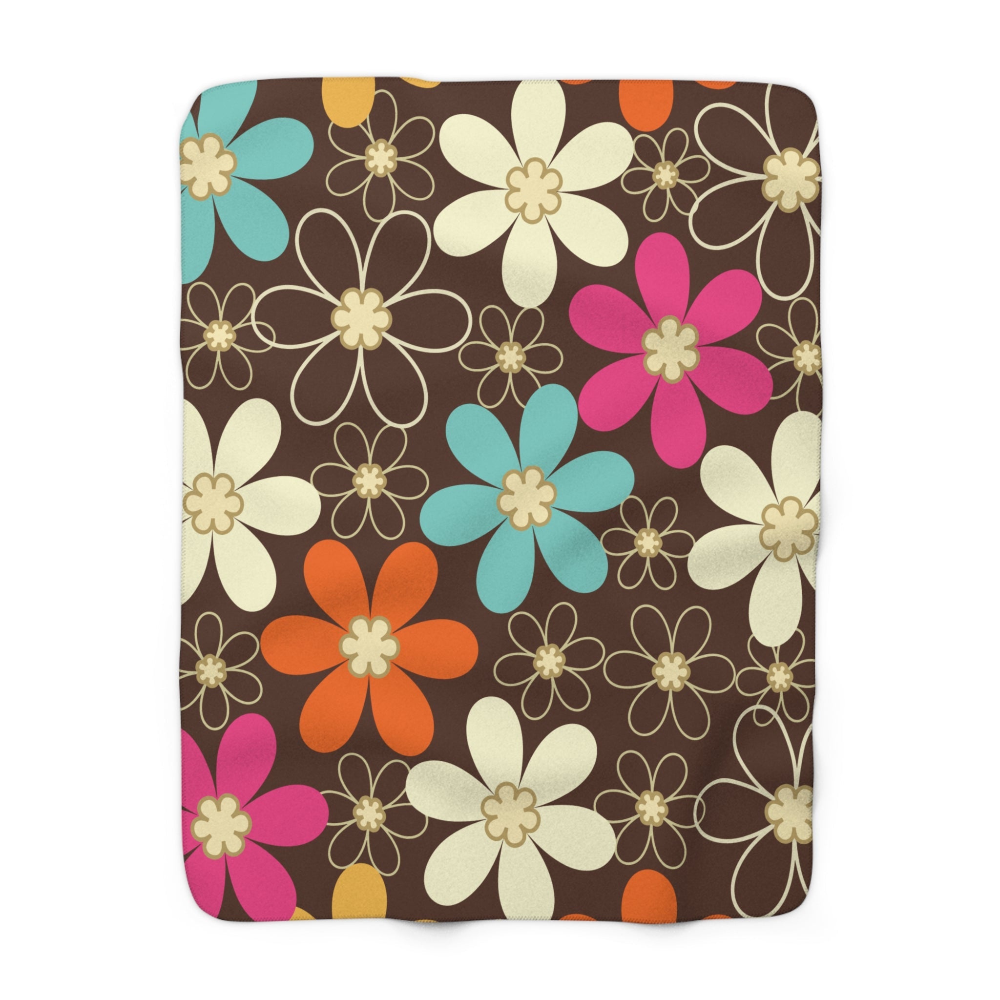 Kate McEnroe New York 70s Retro Groovy Hippie Flower Power Sherpa Blanket, Mid Century Modern Teal, Orange, Pink, Chocolate Floral Fleece Throw BlanketBlankets28501467803833304885