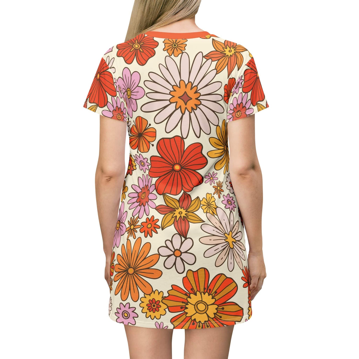 70s Retro Groovy Hippie Flower Power T-Shirt Dress, Mid Mid Summer