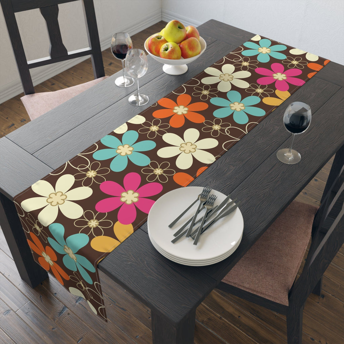Kate McEnroe New York 70s Retro Groovy Hippie Flower Power Table Runner, Mid Century Modern Teal, Orange, Pink, Chocolate Floral Table Linens Table Runners 16&quot; × 72&quot; / Cotton Twill 29601855344989736549