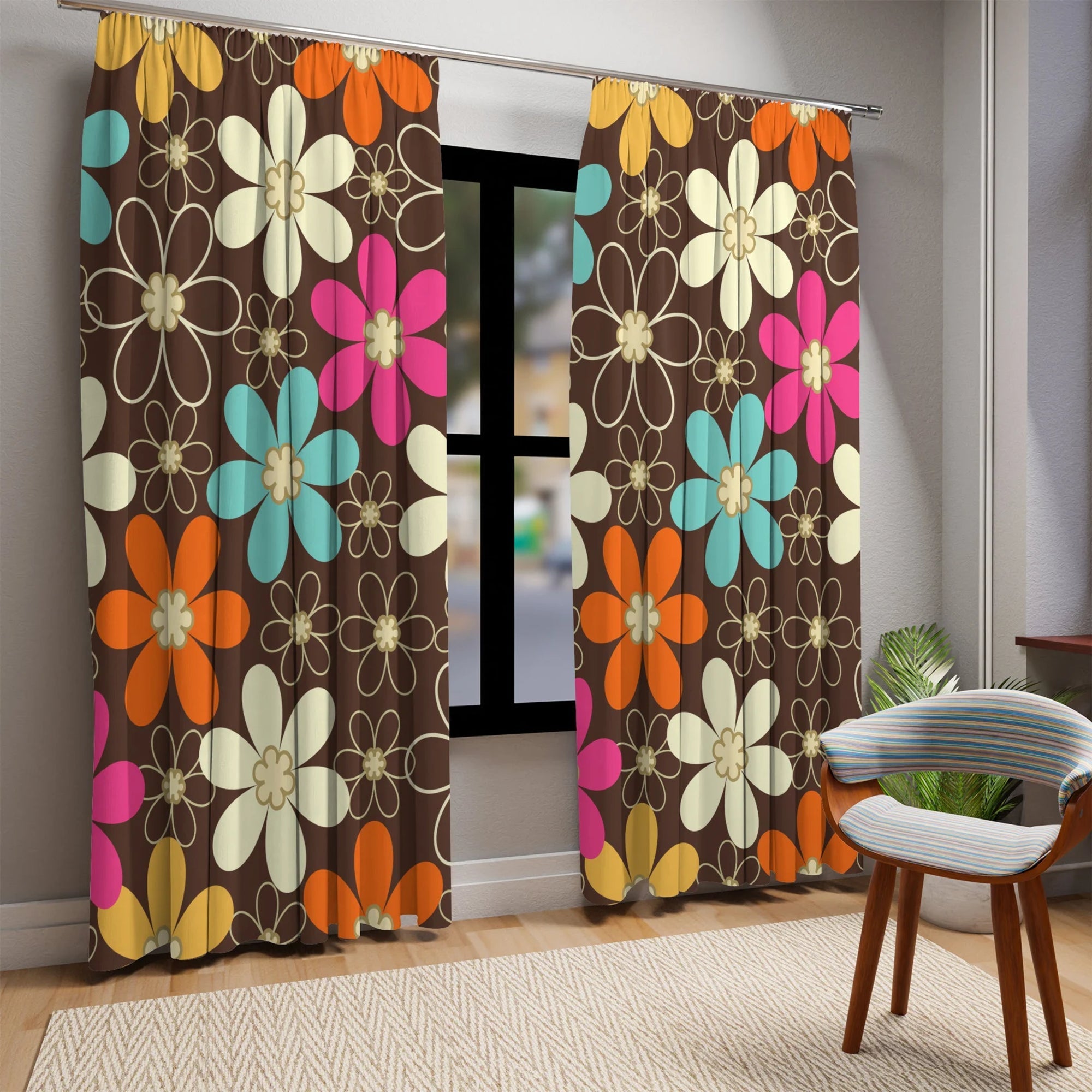 Kate McEnroe New York 70s Retro Groovy Hippie Flower Power Window Curtains, Mid Century Modern Teal, Orange, Pink, Chocolate Floral Blackout Curtain PanelWindow Curtains14677832814650977087