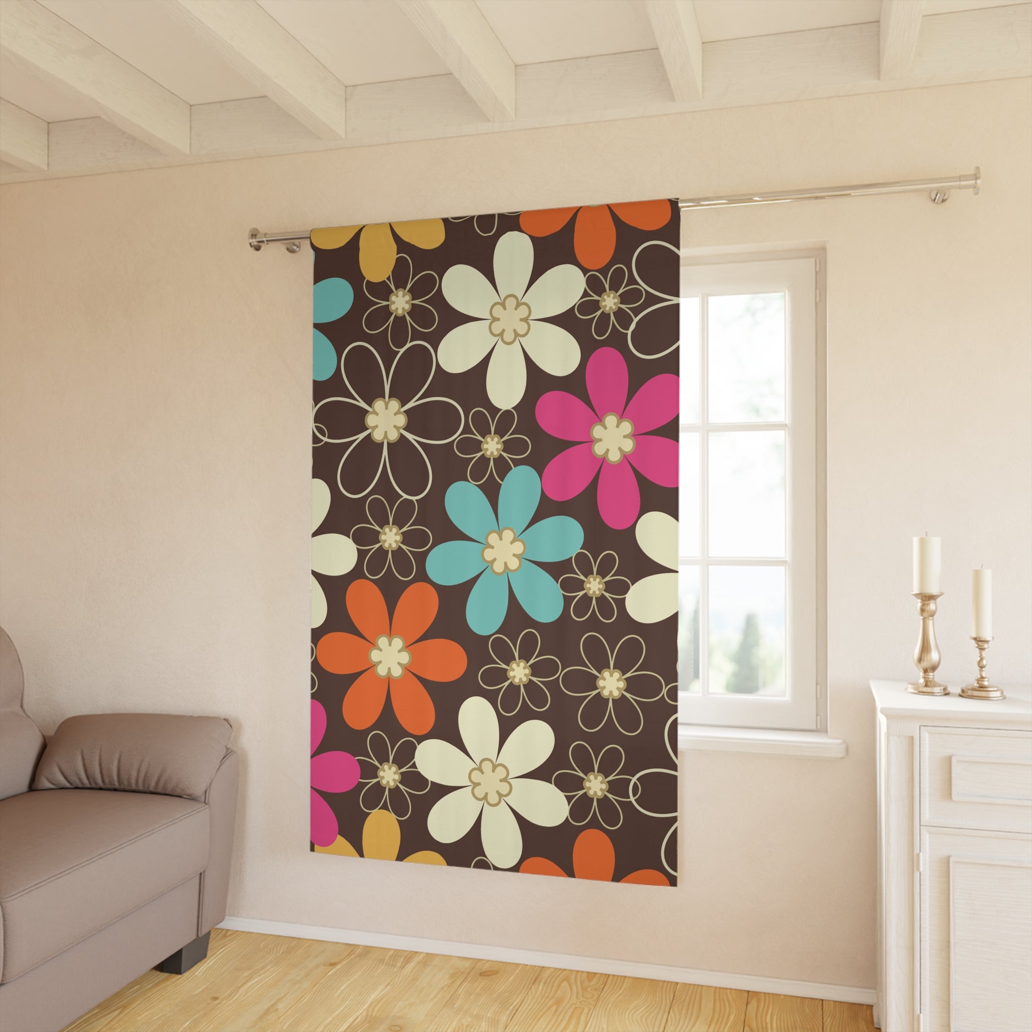 Kate McEnroe New York 70s Retro Groovy Hippie Flower Power Window Curtains, Mid Century Modern Teal, Orange, Pink, Chocolate Floral Blackout Curtain PanelWindow Curtains14677832814650977087