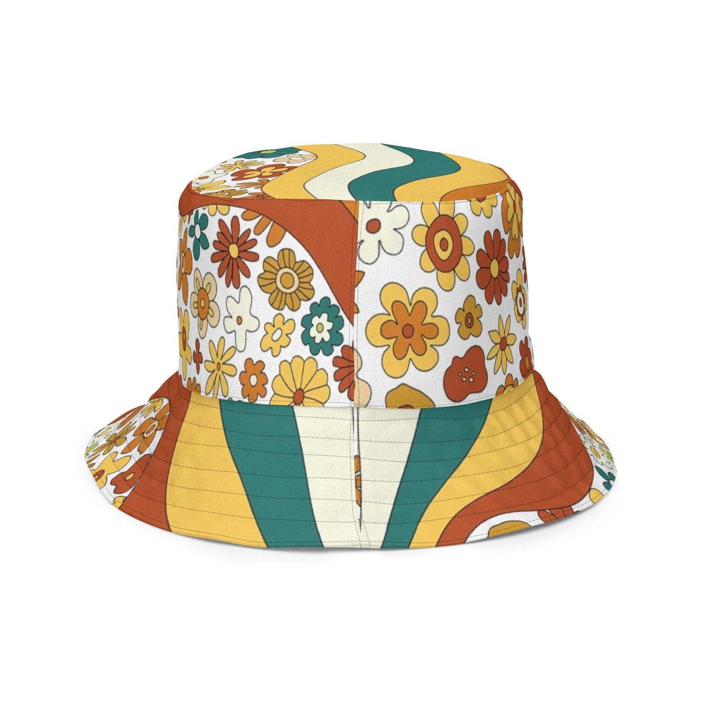 Kate McEnroe New York 70s Retro Sunshine Mid Century Modern Hippie, Orange, Yellow Reversible Bucket Hat Hats