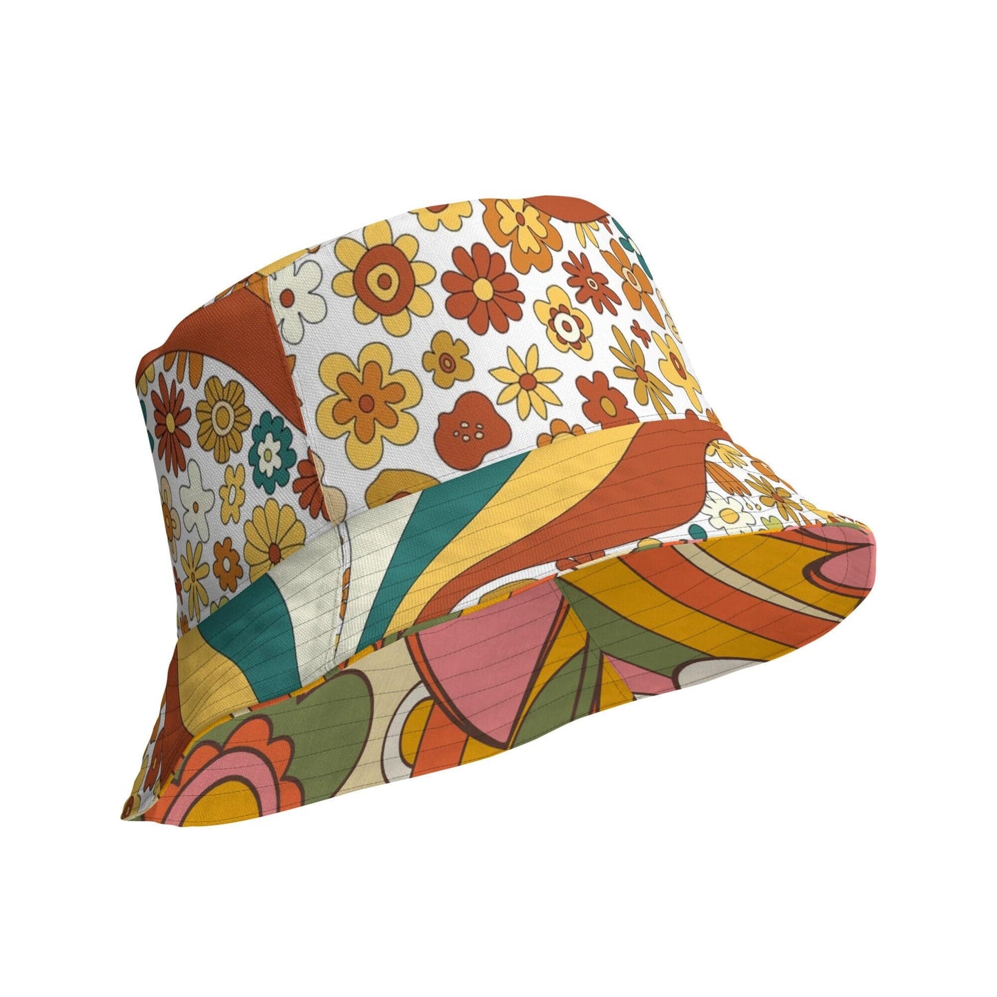 Kate McEnroe New York 70s Retro Sunshine Mid Century Modern Hippie, Orange, Yellow Reversible Bucket Hat Hats L/XL 63C779004CB3A_16361