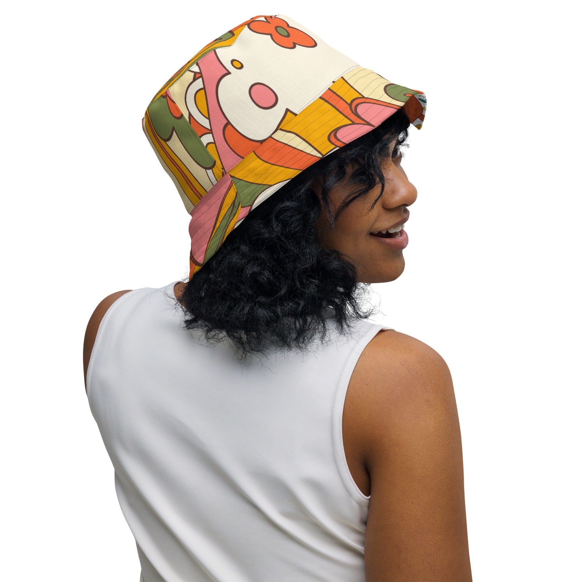 Kate McEnroe New York 70s Retro Sunshine Mid Century Modern Hippie, Orange, Yellow Reversible Bucket HatHats63C779004CB3A_16361