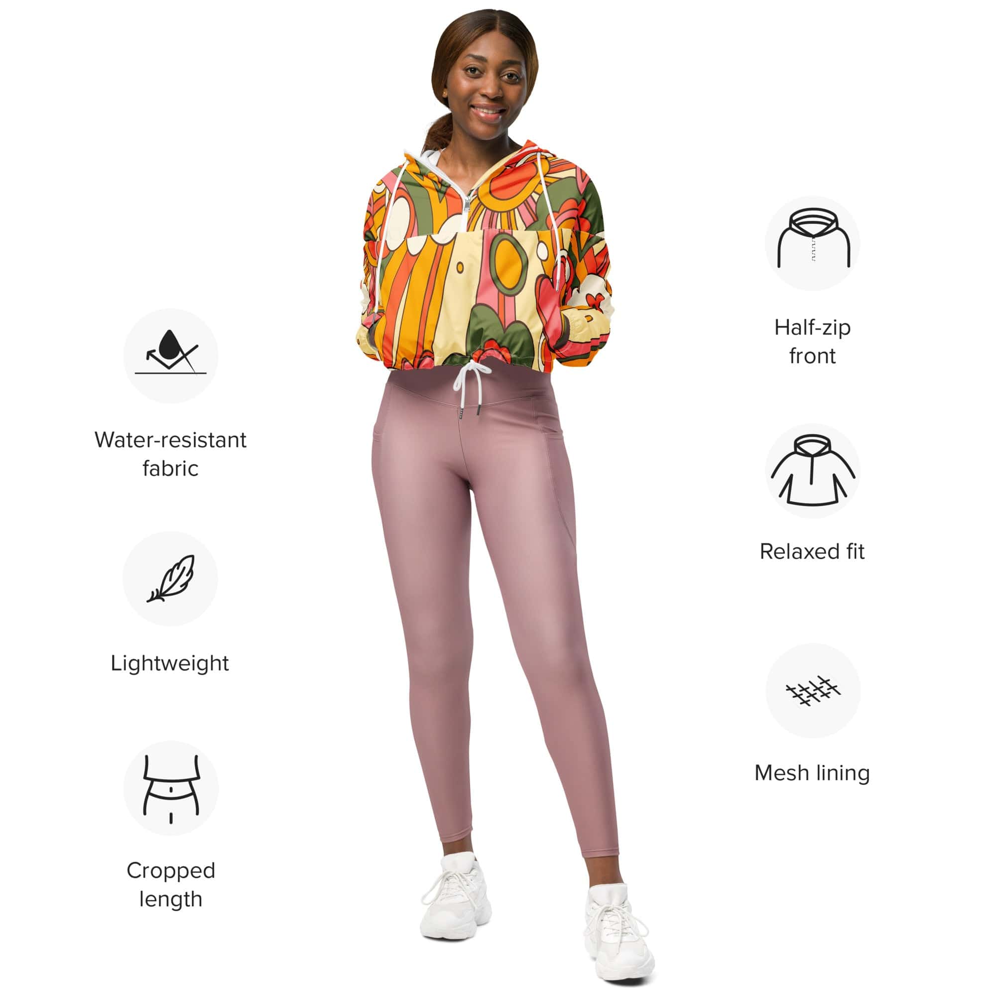 Kate McEnroe New York 70s Retro Sunshine Mid Century Modern Hippie, Orange, Yellow Women’s Cropped WindbreakerJackets9276292_15800