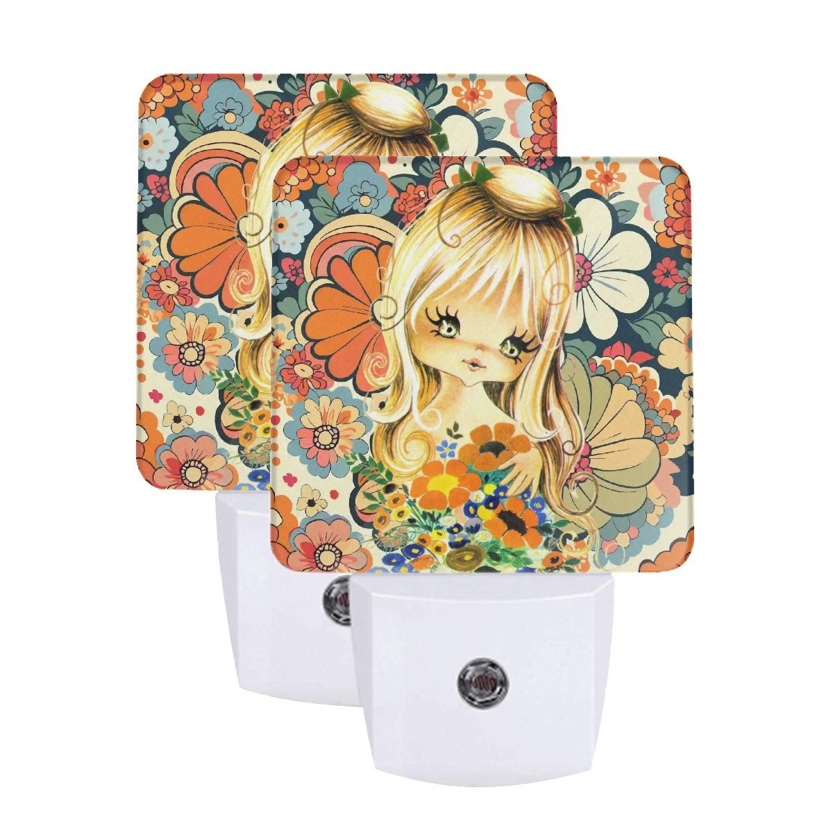 Kate McEnroe New York 70s Retro Vintage Big Eyed Girl Floral LED Night Light Set of 2, Funky Flower Power Art DecorNight Lights6y52JmnQG9