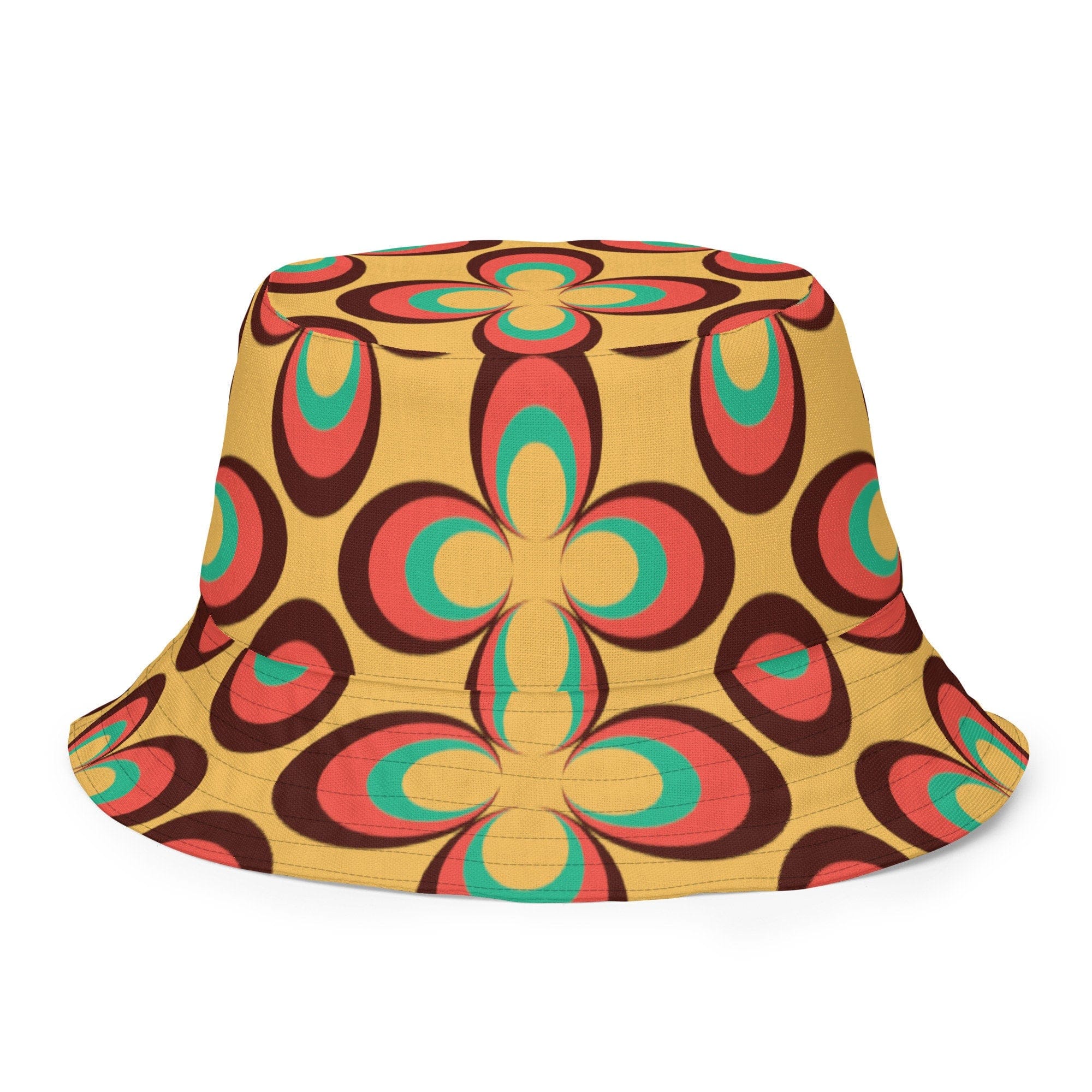 Kate McEnroe New York 70s Retro Vintage Floral Reversible Bucket Hat, Mid Century Modern Daisy Women&