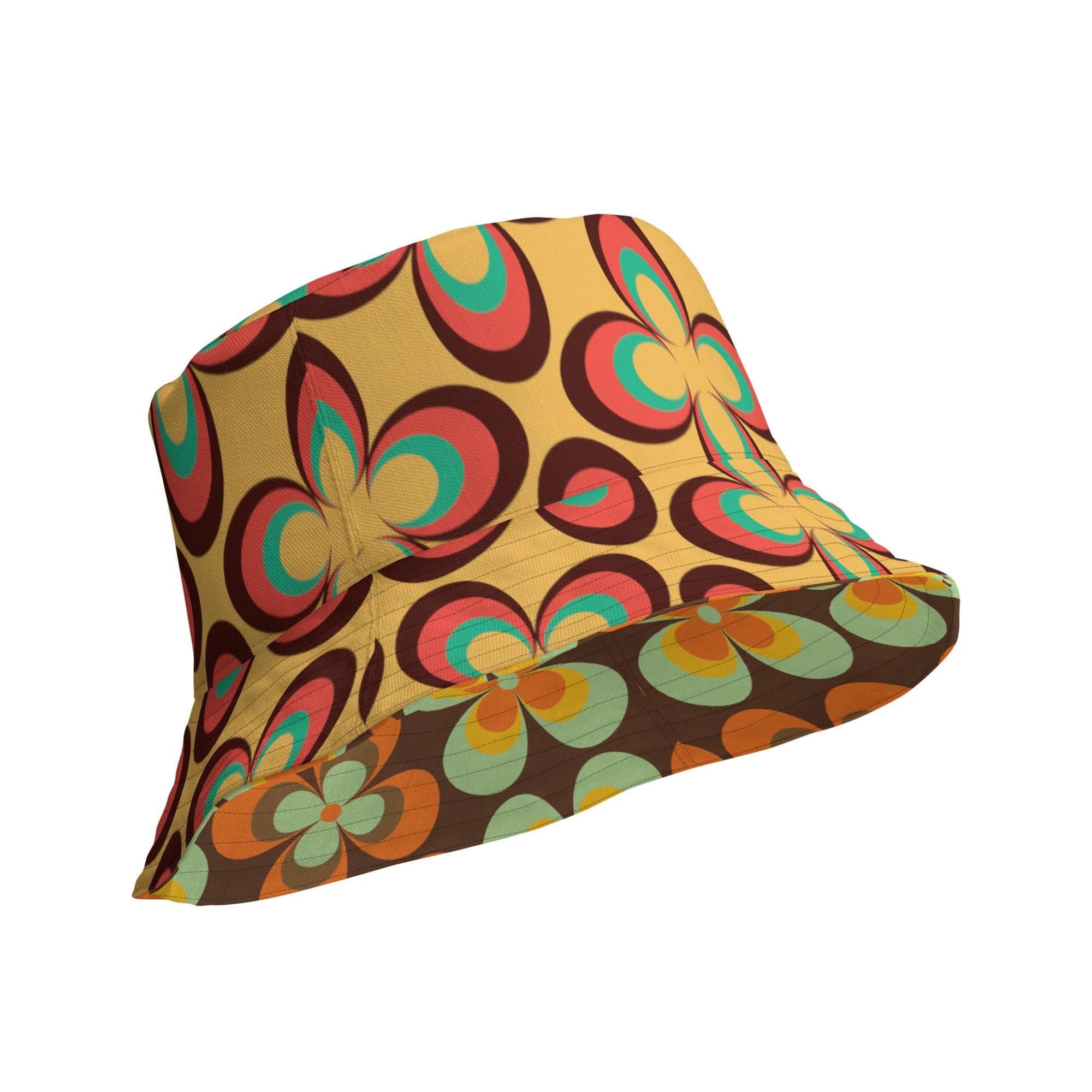 Kate McEnroe New York 70s Retro Vintage Floral Reversible Bucket Hat, Mid Century Modern Daisy Women&