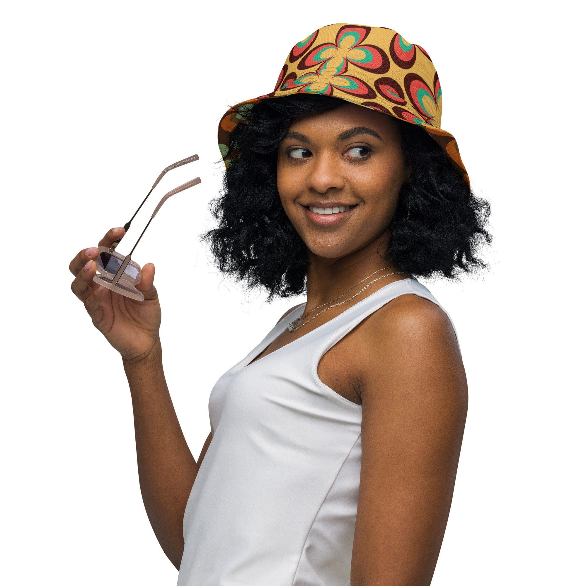 Kate McEnroe New York 70s Retro Vintage Floral Reversible Bucket Hat, Mid Century Modern Daisy Women&