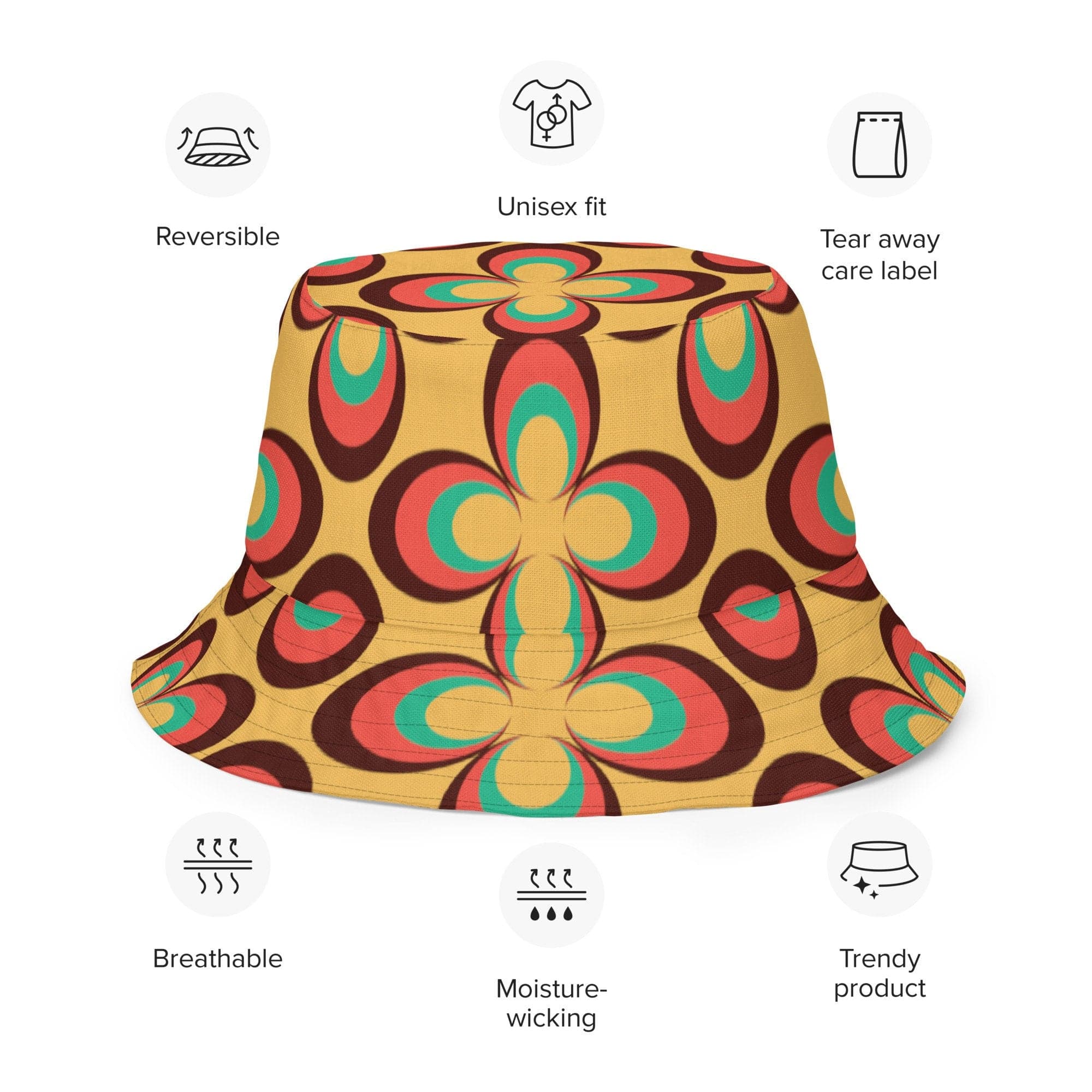 Kate McEnroe New York 70s Retro Vintage Floral Reversible Bucket Hat, Mid Century Modern Daisy Women&