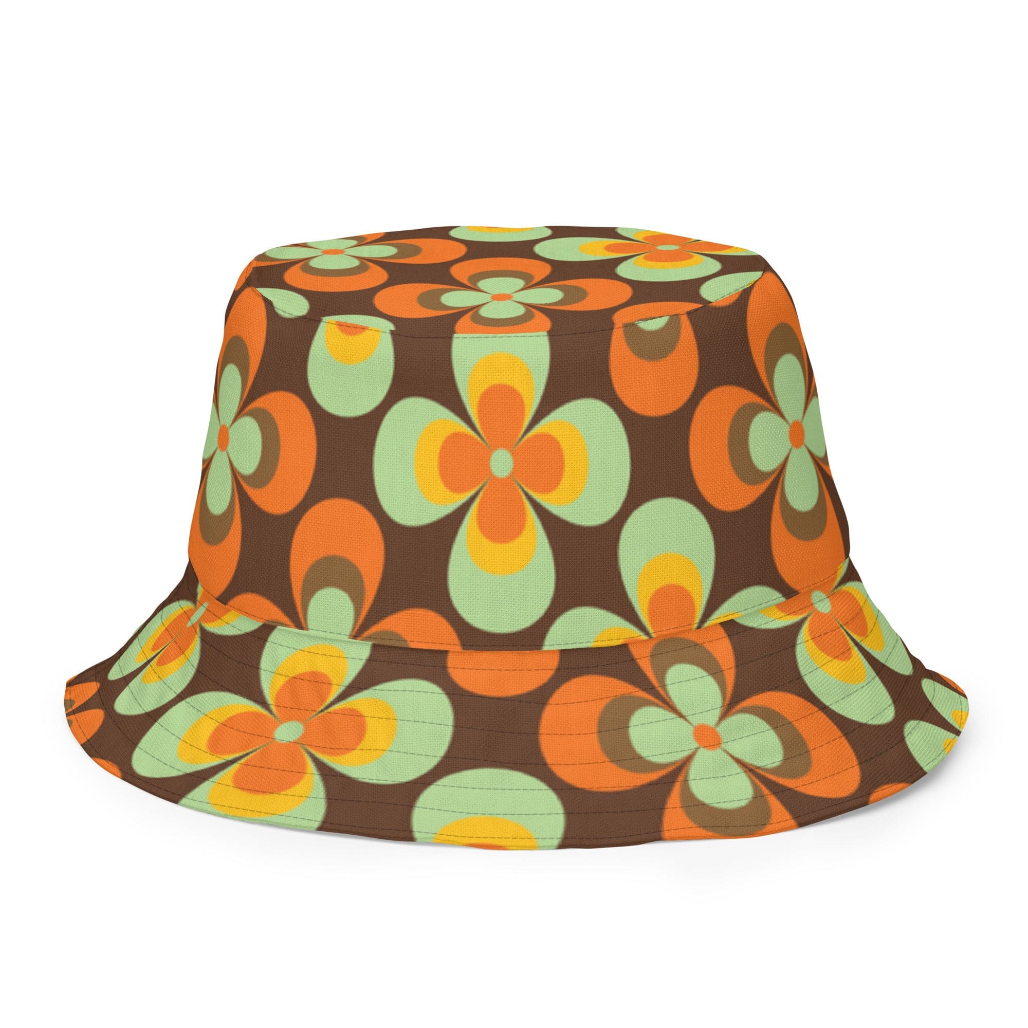Kate McEnroe New York 70s Retro Vintage Floral Reversible Bucket Hat, Mid Century Modern Daisy Women&