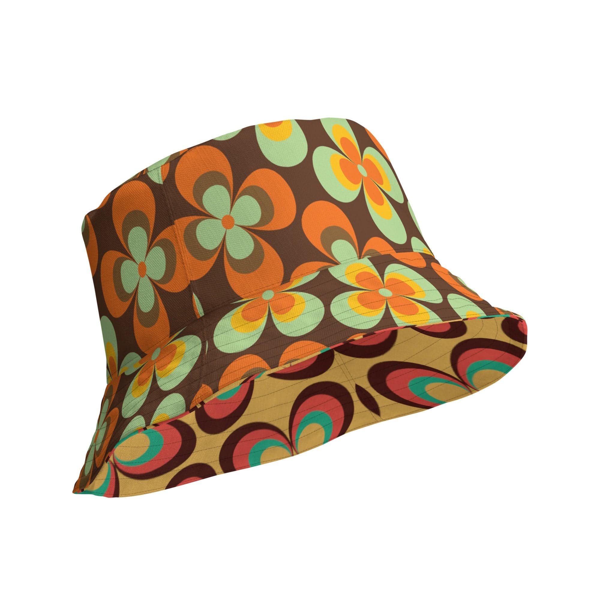 Kate McEnroe New York 70s Retro Vintage Floral Reversible Bucket Hat, Mid Century Modern Daisy Women&