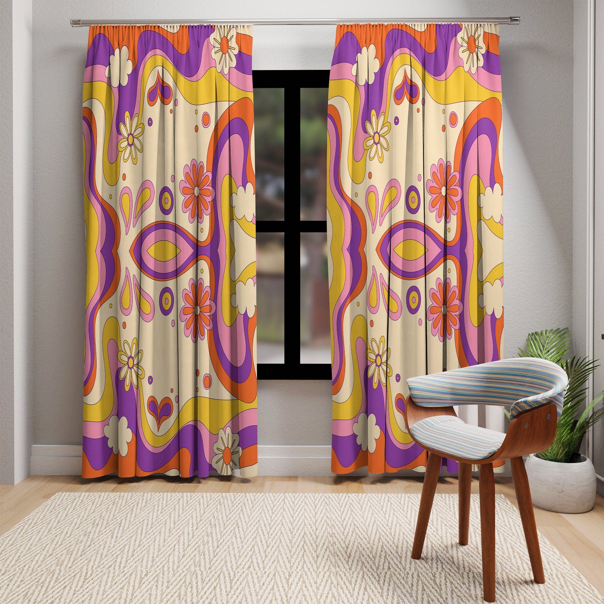 Kate McEnroe New York 70s Retro Wavy Groovy Hippie Flower Power Window CurtainsWindow CurtainsW3D - ORA - GRA - SH3