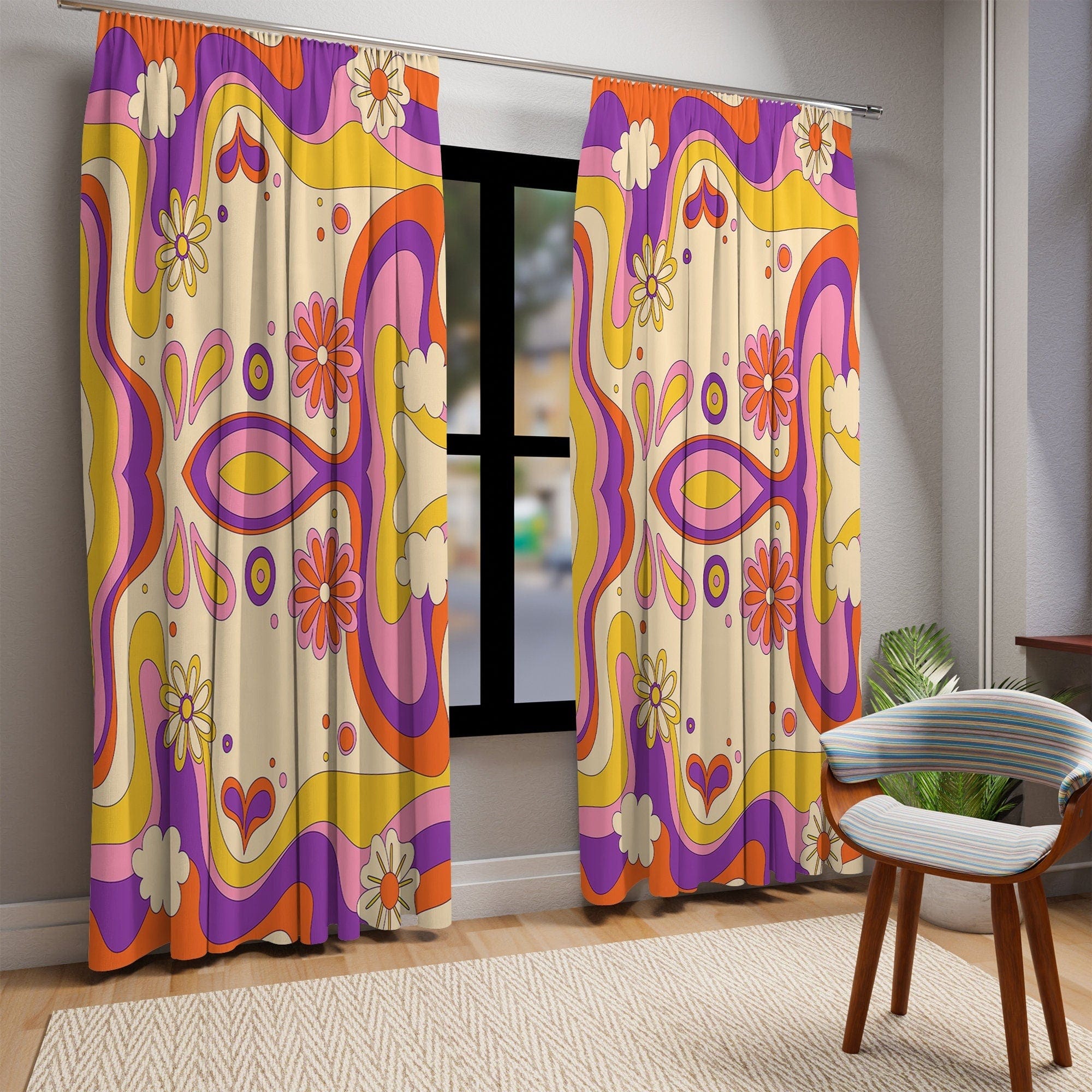 Kate McEnroe New York 70s Retro Wavy Groovy Hippie Flower Power Window CurtainsWindow CurtainsW3D - ORA - GRA - SH3