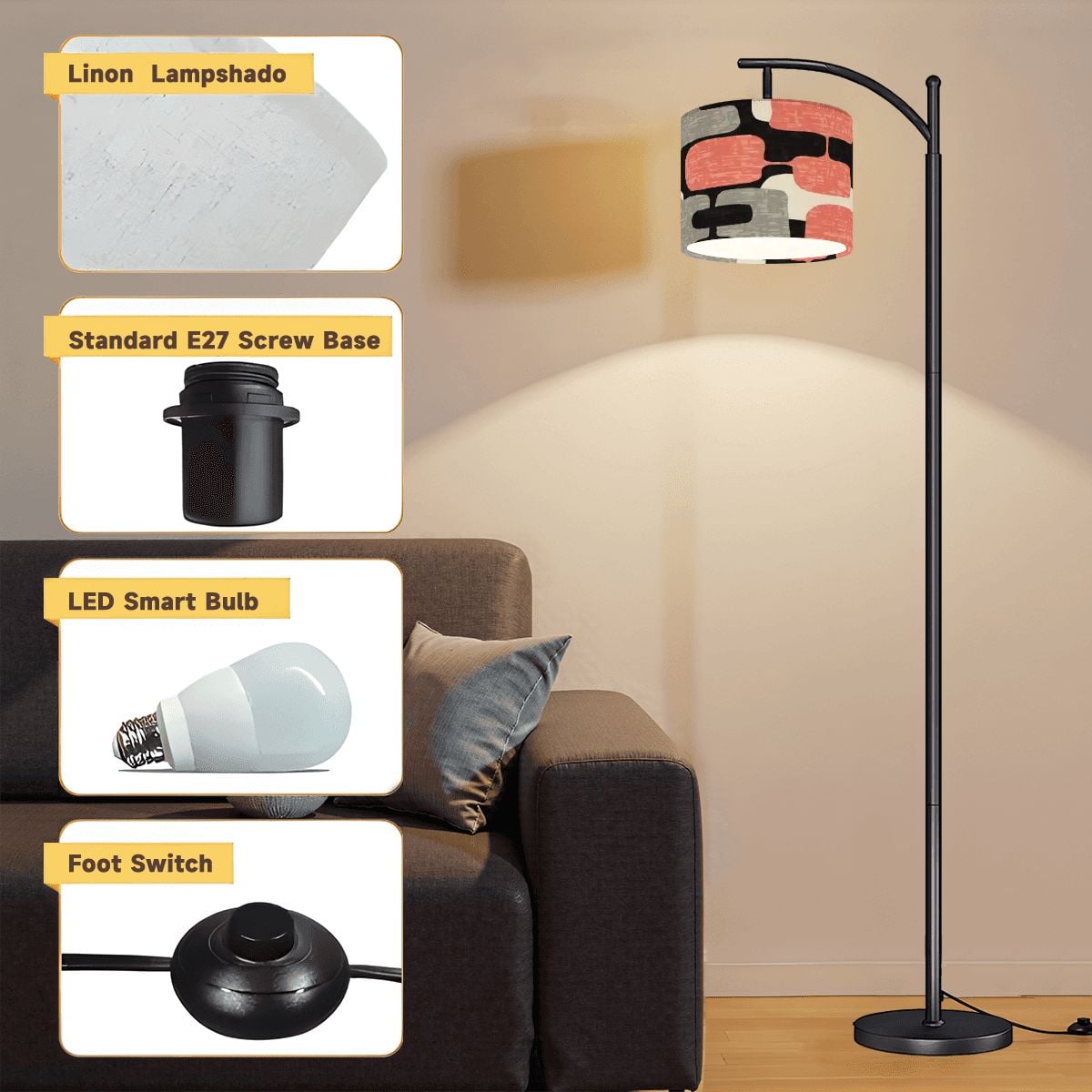 Kate McEnroe New York Abstract Geometric Coral Pink 1950s Retro Mid Century Modern Arc Floor LampArc Floor LampsiI9xE62PQ8