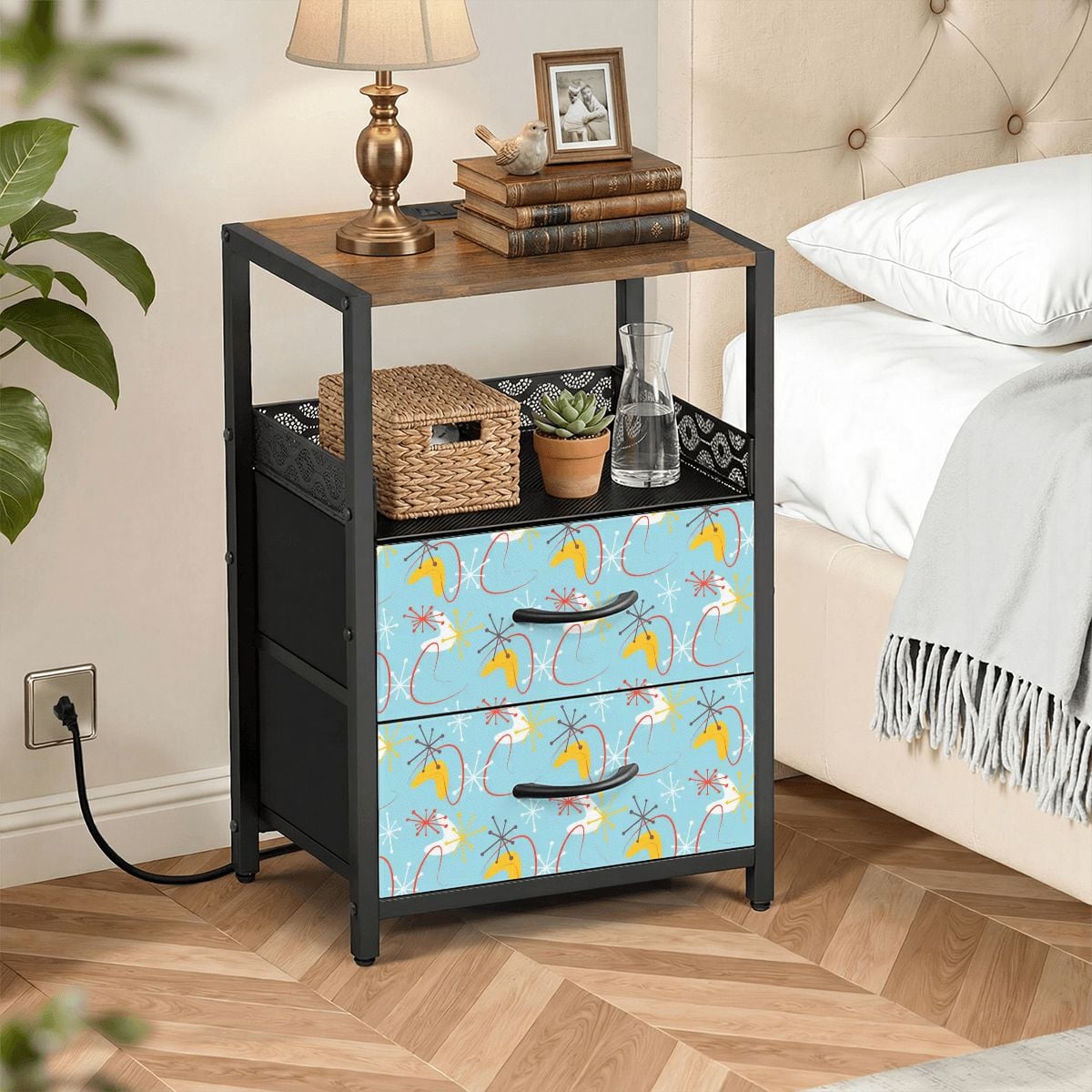 Kate McEnroe New York Atomic 50s Boomerang Starburst Mid Century Modern 2 Drawer Nightstand Charging StationNightStandsORXs01rdjj