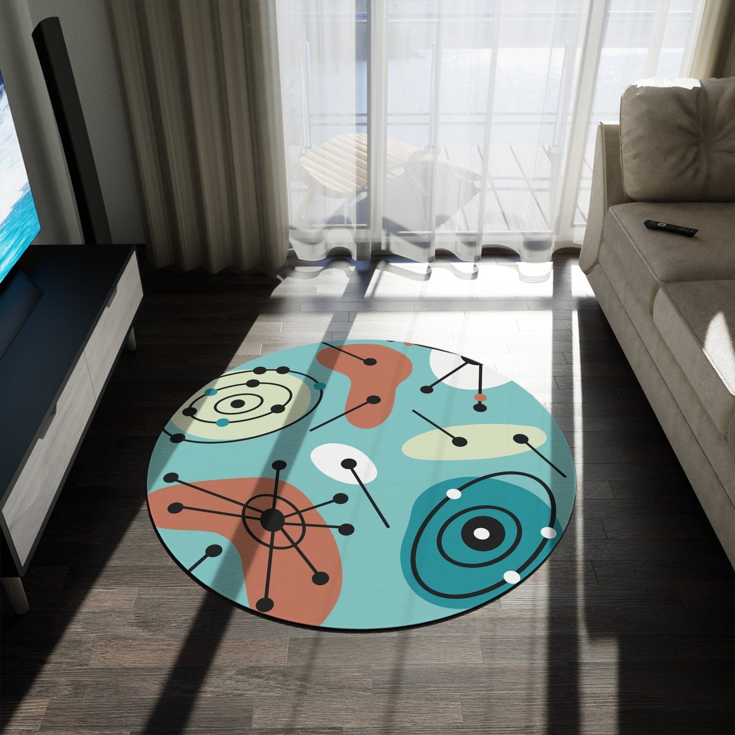 Atomic 50s Mid Century Modern Round Rug, Retro Living Room, Bedroom Ac ...