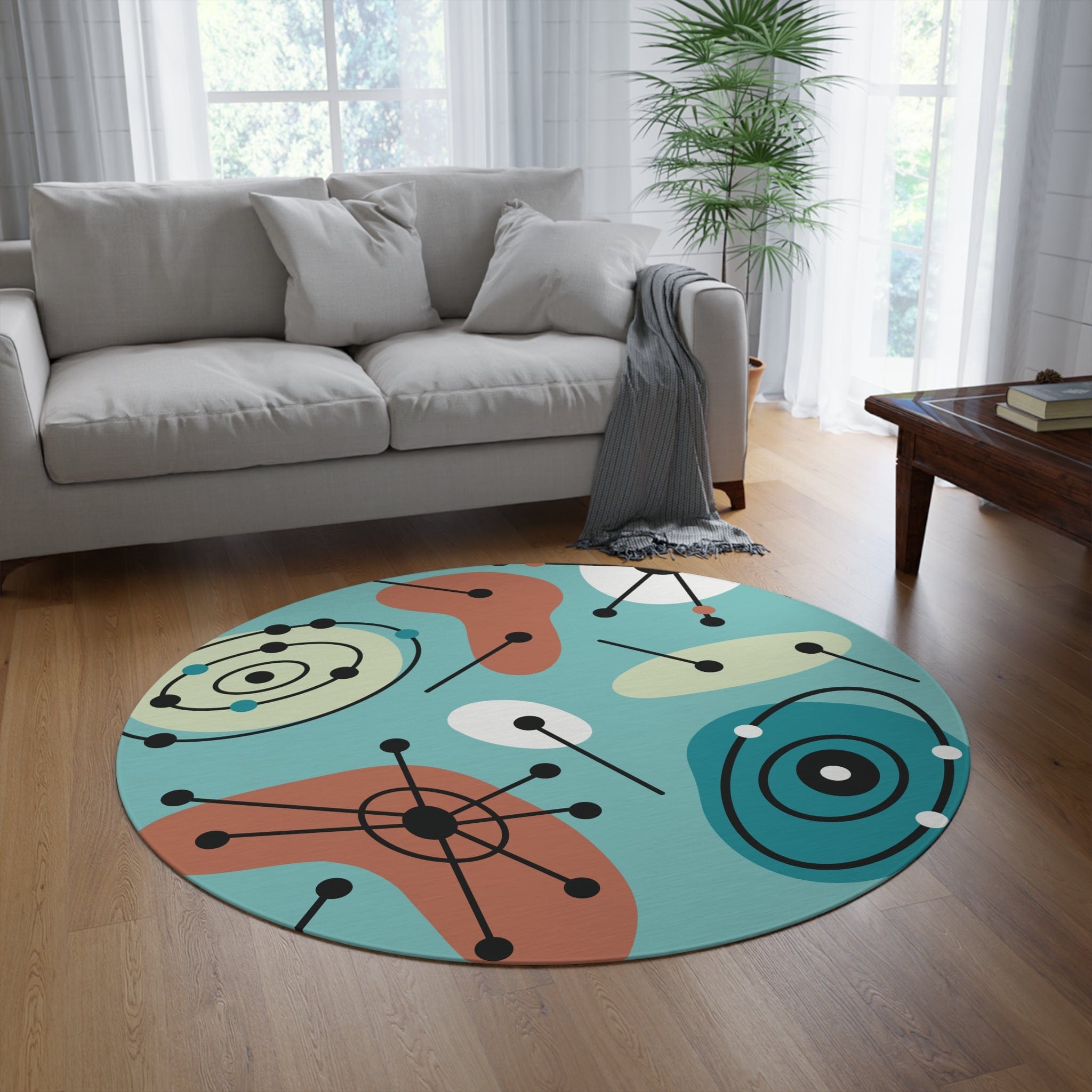 Atomic 50s Mid Century Modern Round Rug, Retro Living Room, Bedroom Ac ...