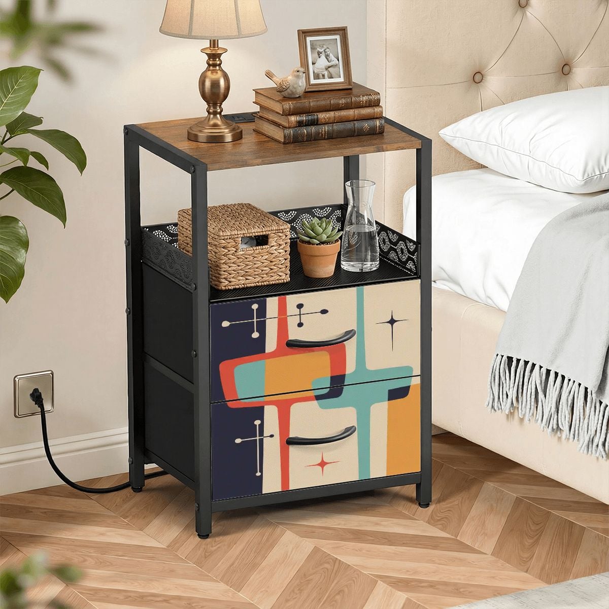 Kate McEnroe New York Atomic Age Abstract Starburst Mid Century Modern 2 Drawer NightstandNightStandsapBdUZd7RG