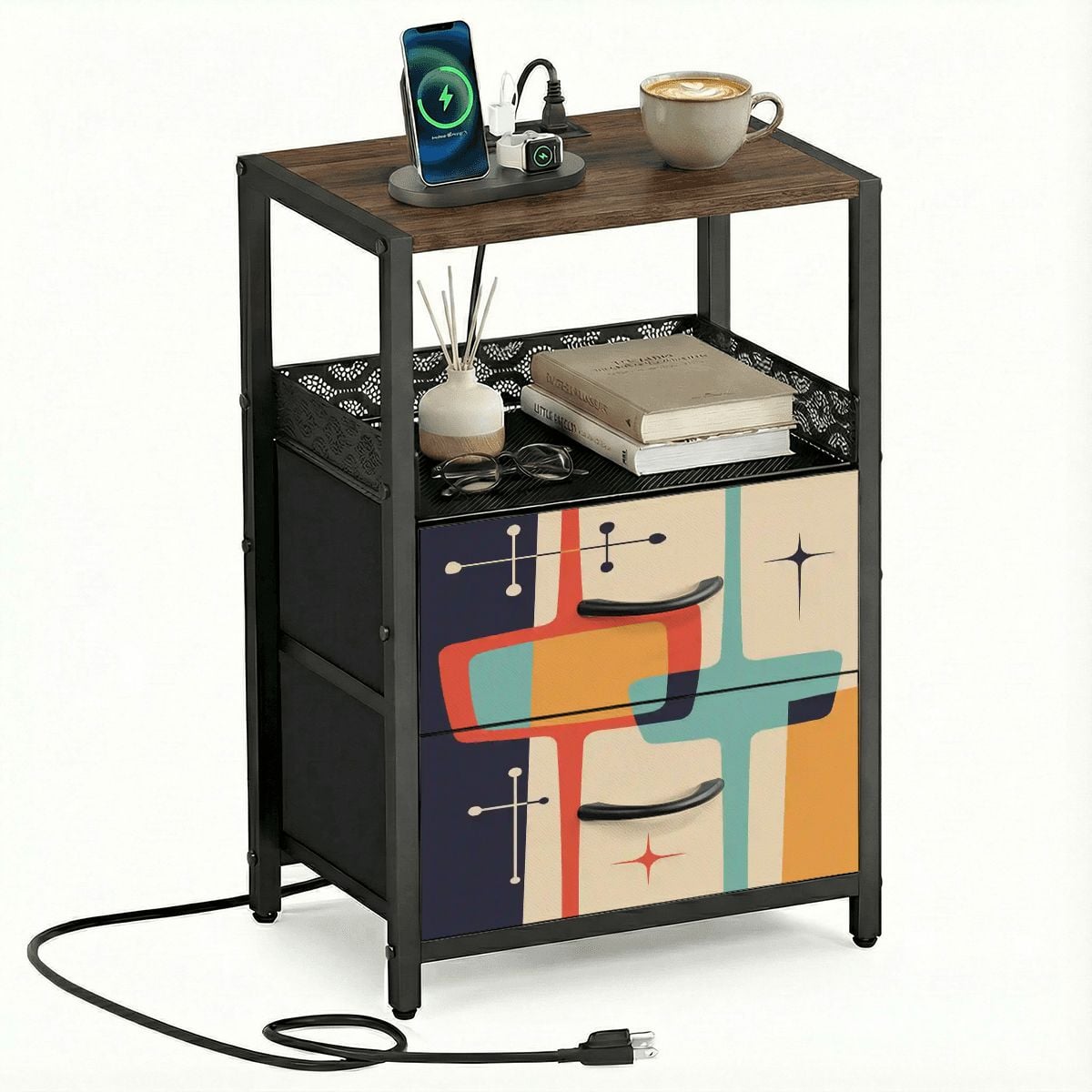 Kate McEnroe New York Atomic Age Abstract Starburst Mid Century Modern 2 Drawer NightstandNightStandsapBdUZd7RG