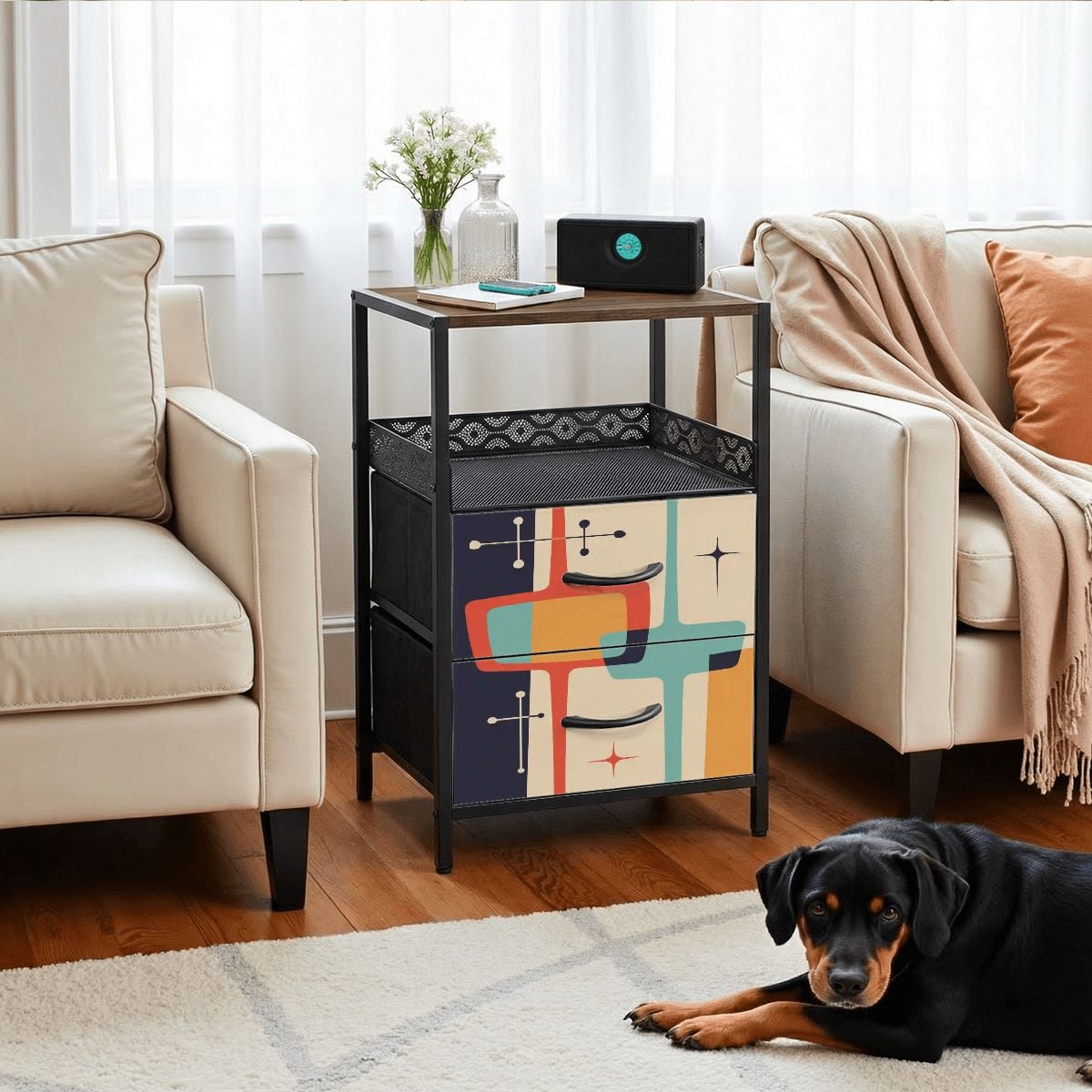 Kate McEnroe New York Atomic Age Abstract Starburst Mid Century Modern 2 Drawer NightstandNightStandsapBdUZd7RG