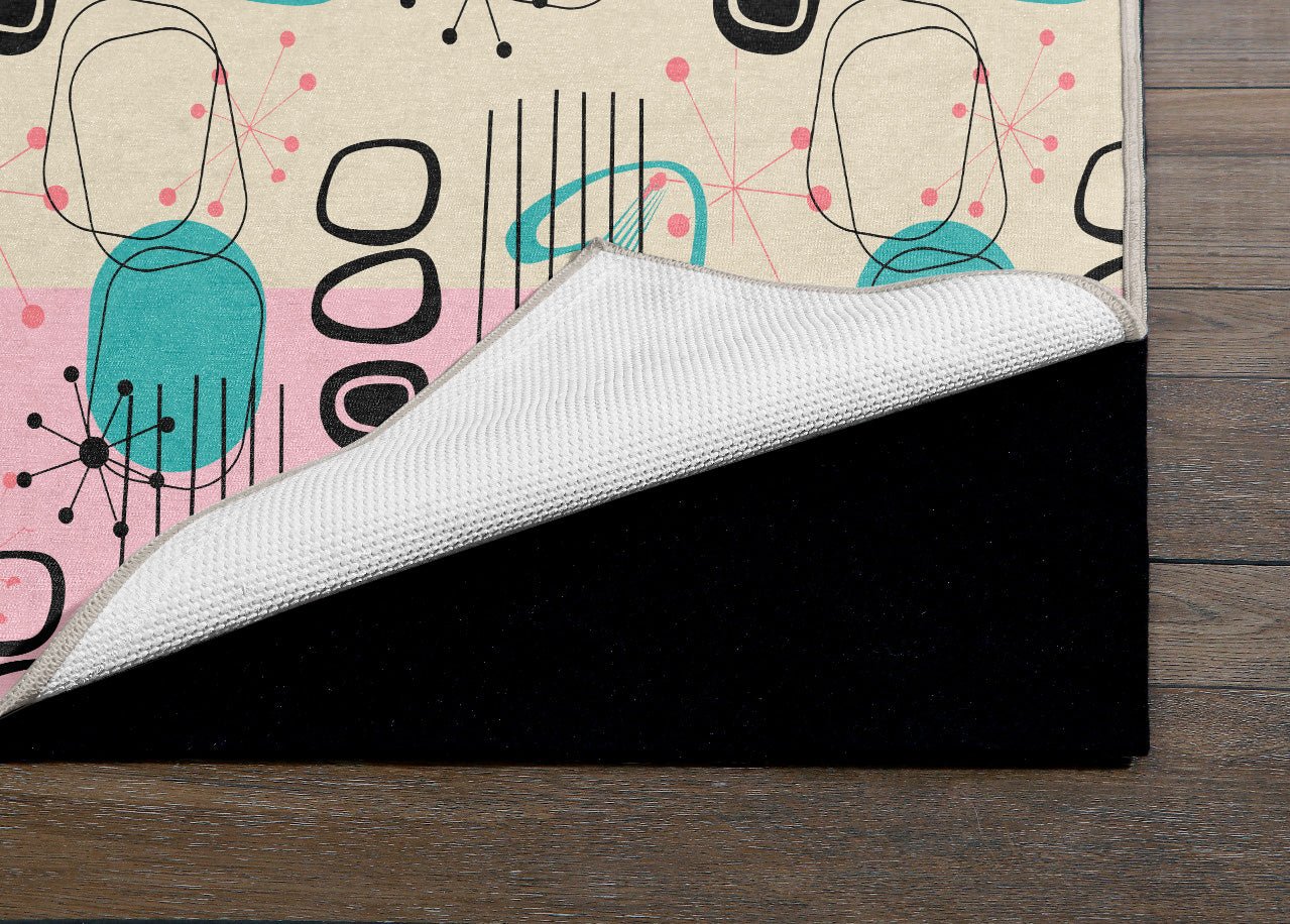 Kate McEnroe New York Atomic Age Boomerang Starburst Rug, 50s Sputnik MCM Aqua Pink Indoor CarpetRugs