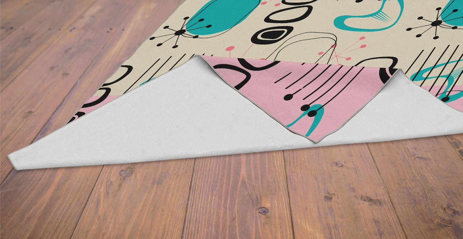 Kate McEnroe New York Atomic Age Boomerang Starburst Rug, 50s Sputnik MCM Aqua Pink Indoor CarpetRugs