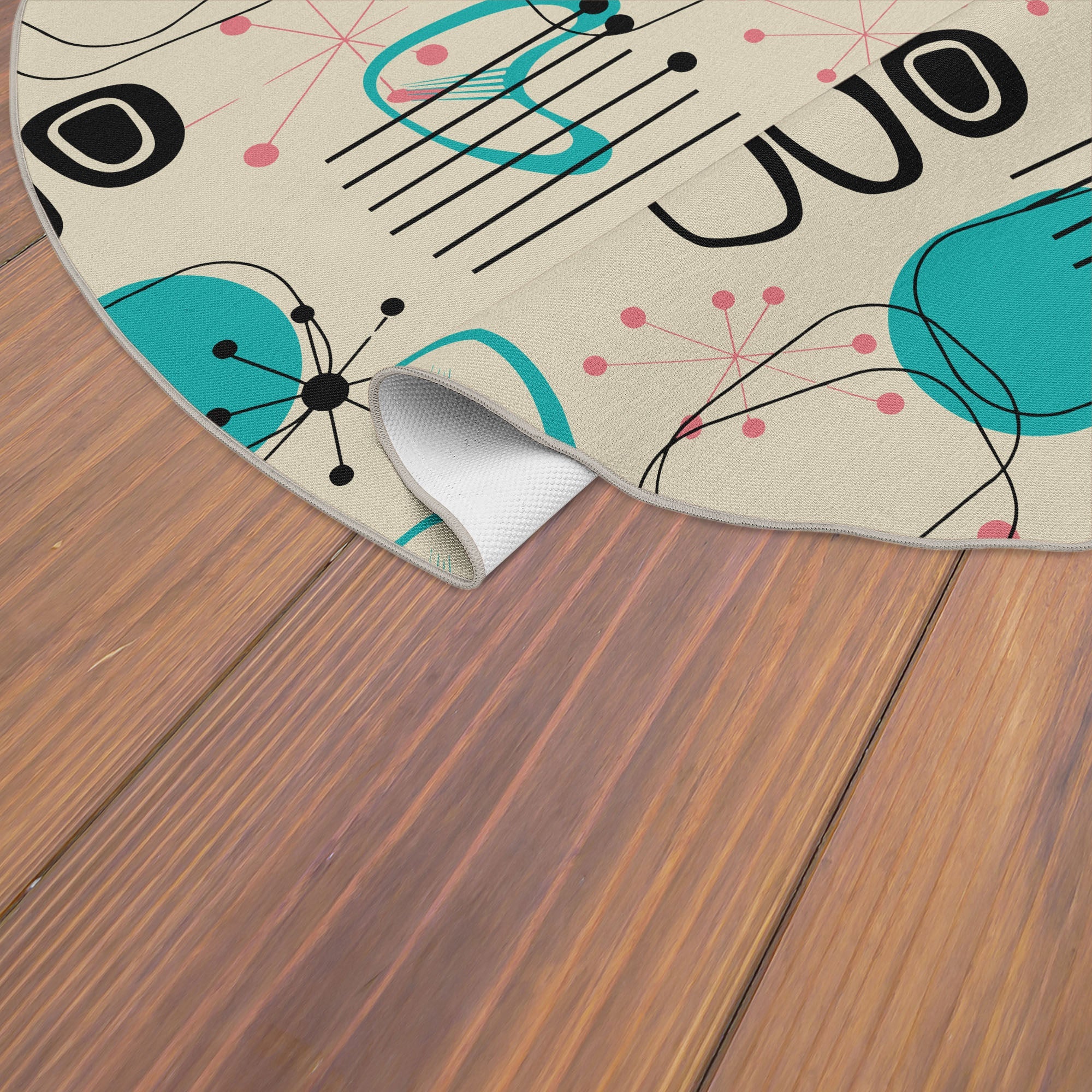 Kate McEnroe New York Atomic Age Boomerang Starburst Rug, 50s Sputnik MCM Aqua Pink Indoor CarpetRugs