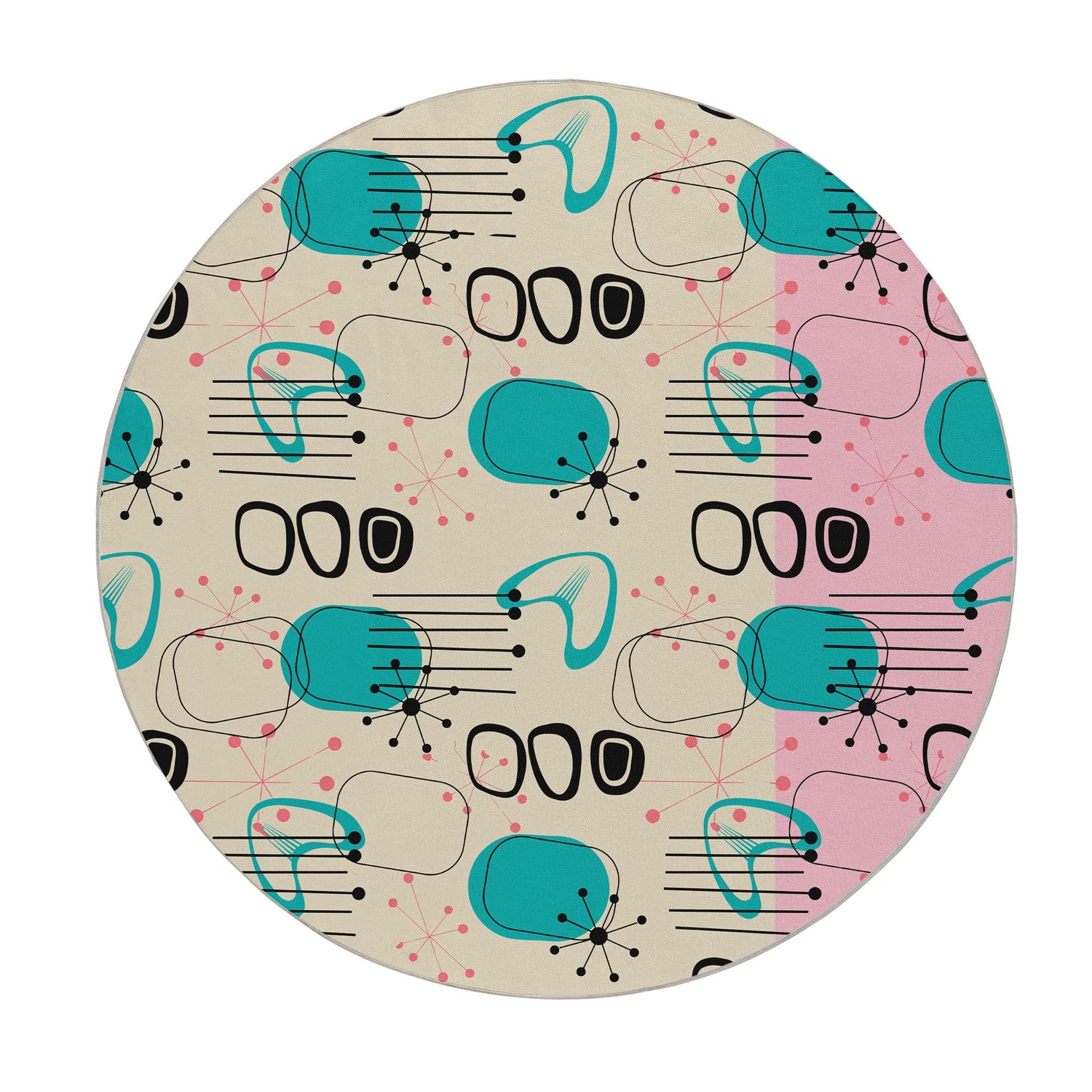 Kate McEnroe New York Atomic Age Boomerang Starburst Rug, 50s Sputnik MCM Aqua Pink Indoor CarpetRugs