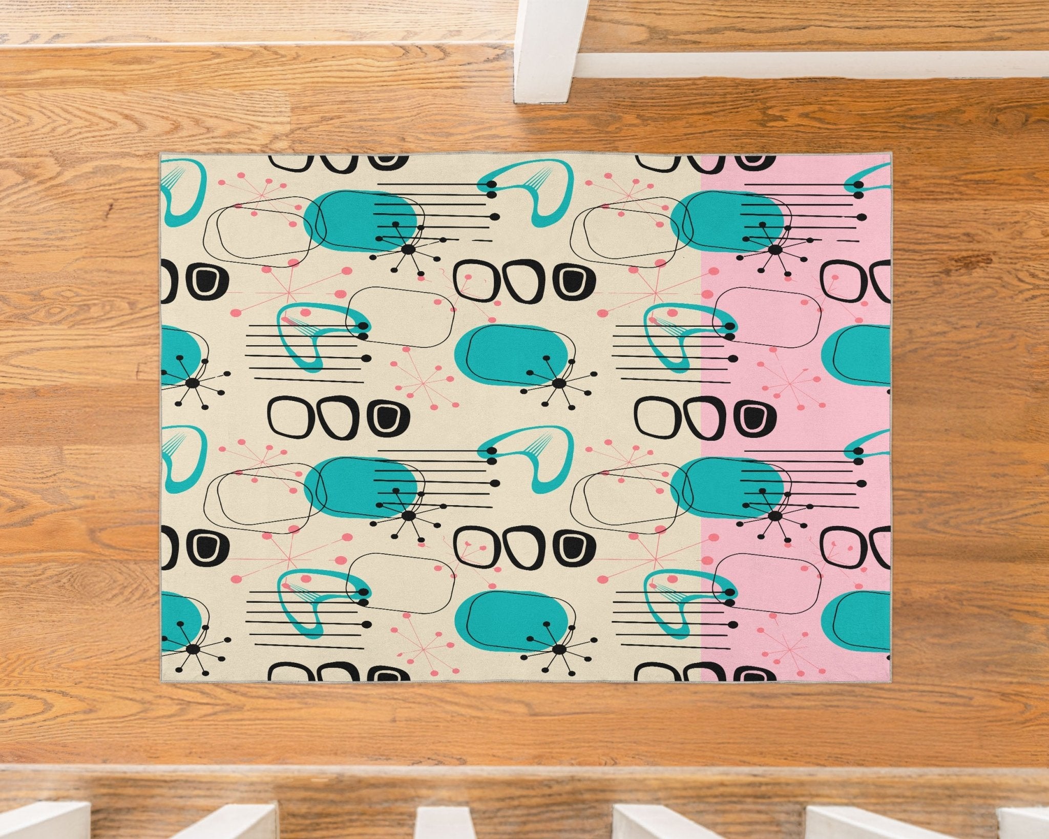 Kate McEnroe New York Atomic Age Boomerang Starburst Rug, 50s Sputnik MCM Aqua Pink Indoor CarpetRugs