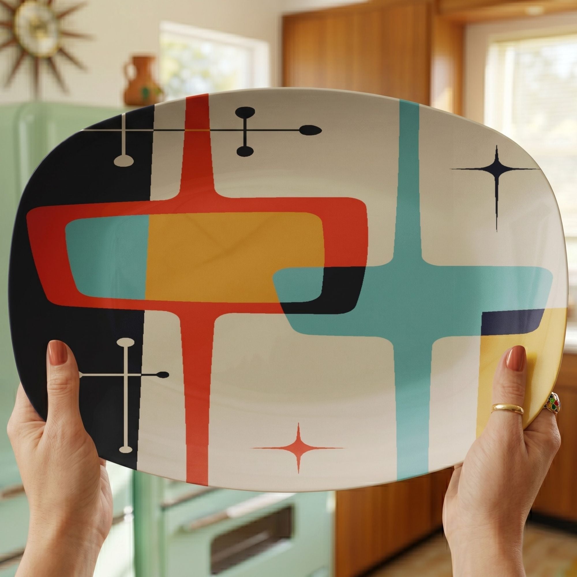 Kate McEnroe New York Atomic Age Geometric Serving Platter, Retro Mid Century Modern DishServing Platters