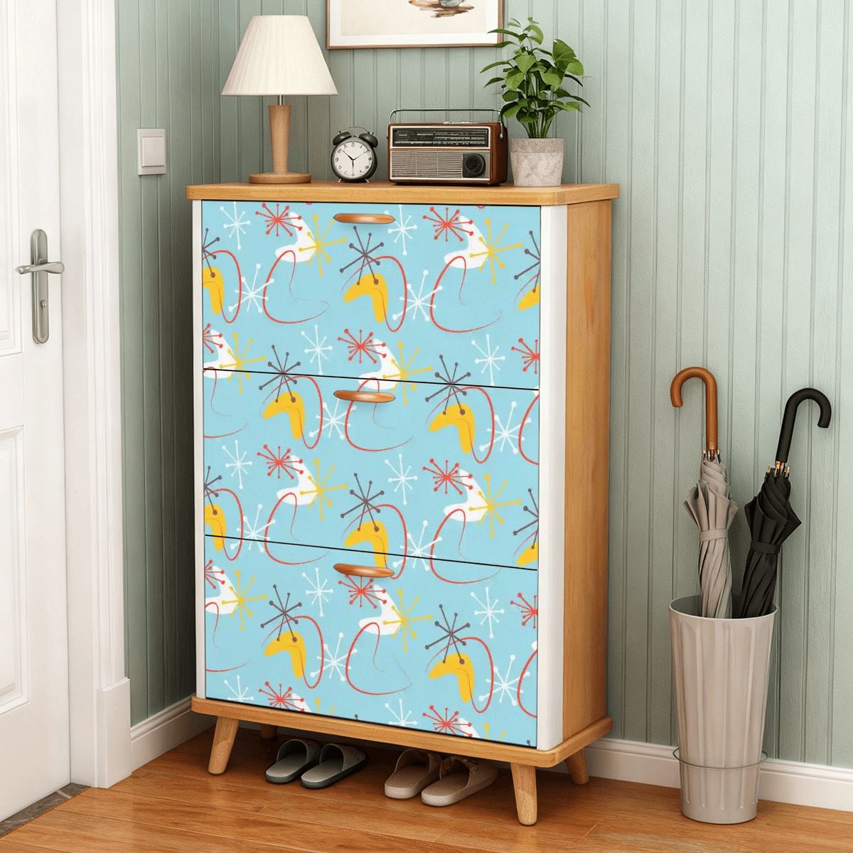 Kate McEnroe New York Atomic Blue Boomerang Starburst Retro Mid Century Modern Shoe CabinetShoe StorageI4pR6qOO8F