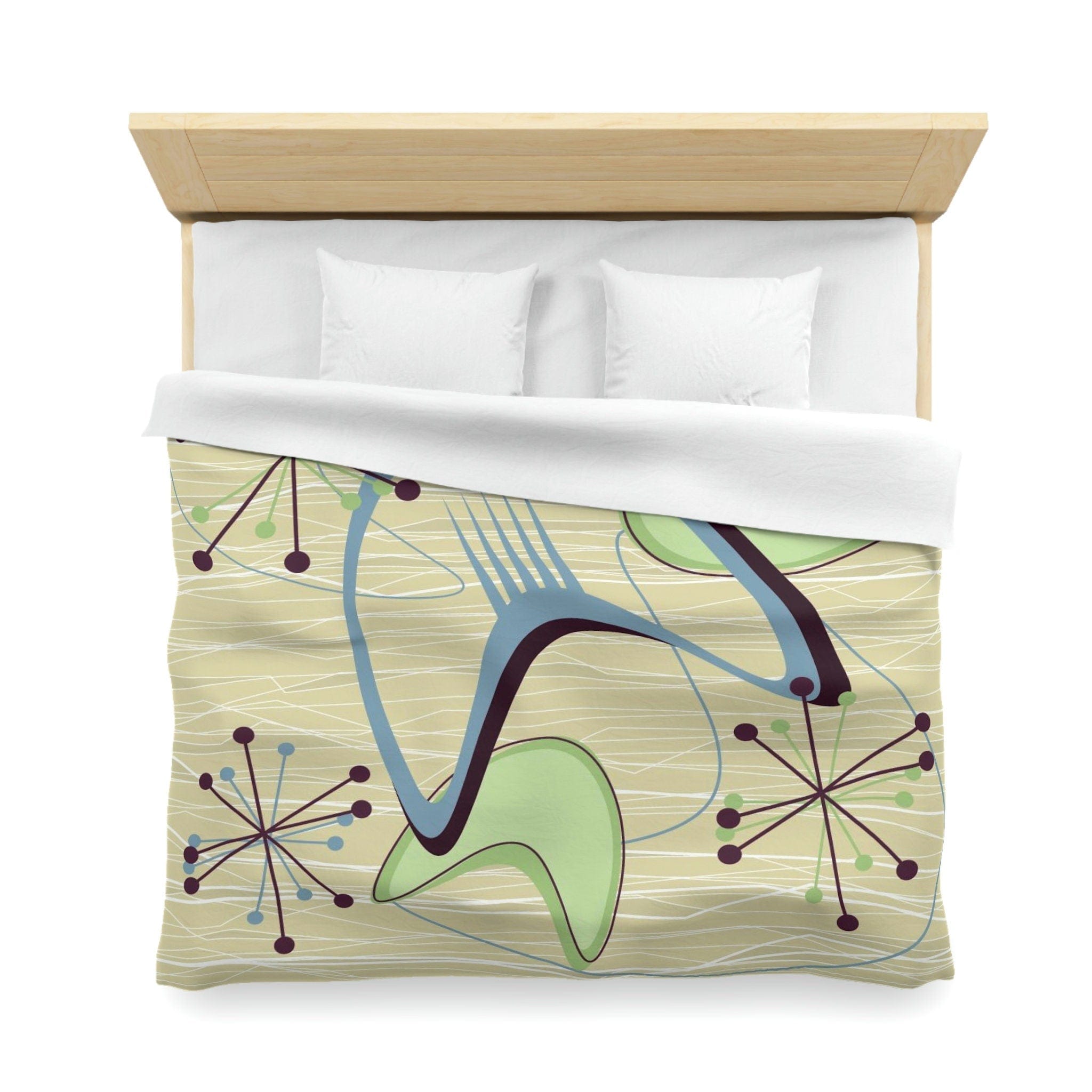 Kate McEnroe New York Atomic Boomerang 1950s Mid Century Modern Duvet Cover, Retro Vintage Beige, Blue, Green Geometric Starburst Queen, King, Twin, XL BeddingDuvet Covers32048312463302339786