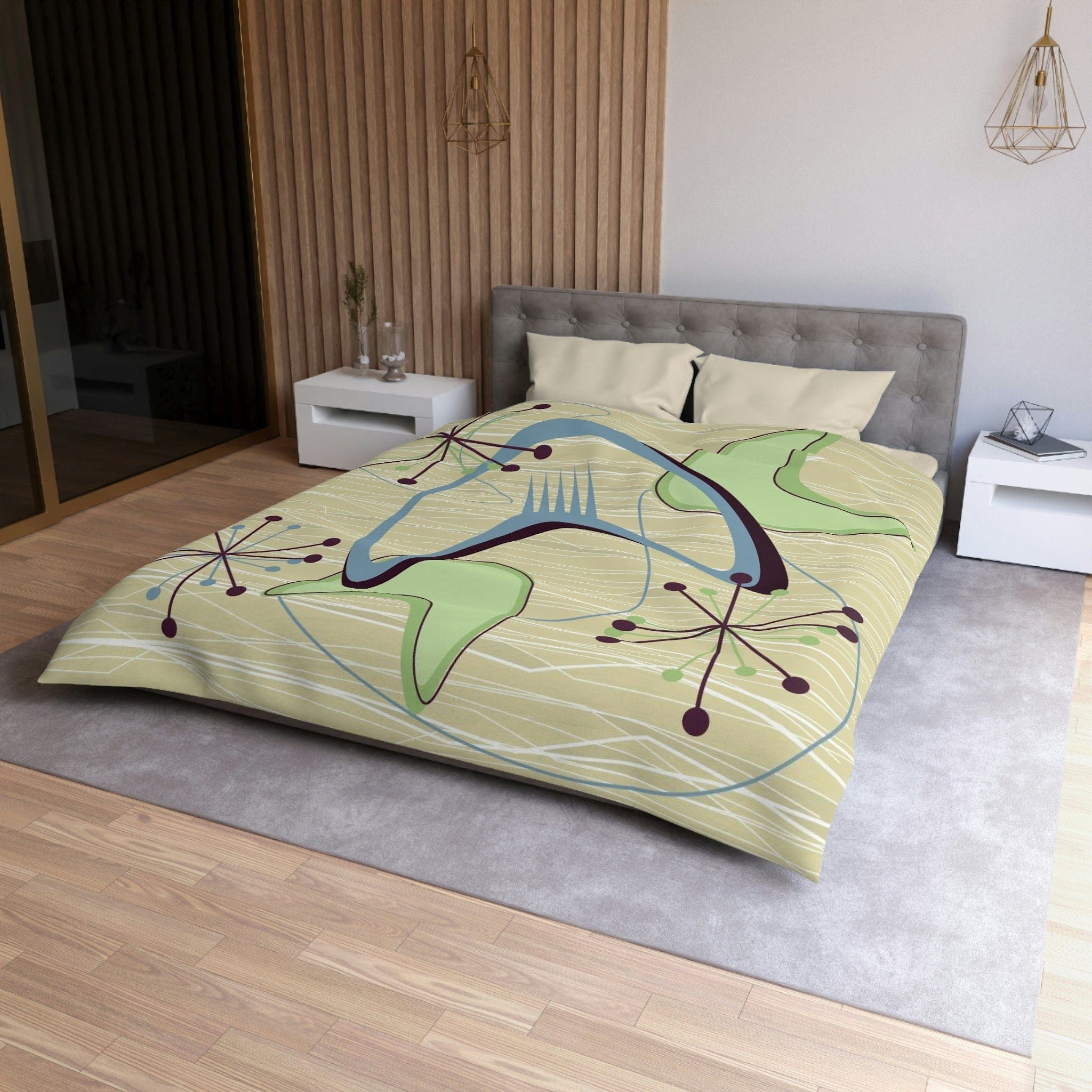 Kate McEnroe New York Atomic Boomerang 1950s Mid Century Modern Duvet Cover, Retro Vintage Beige, Blue, Green Geometric Starburst Queen, King, Twin, XL BeddingDuvet Covers32048312463302339786