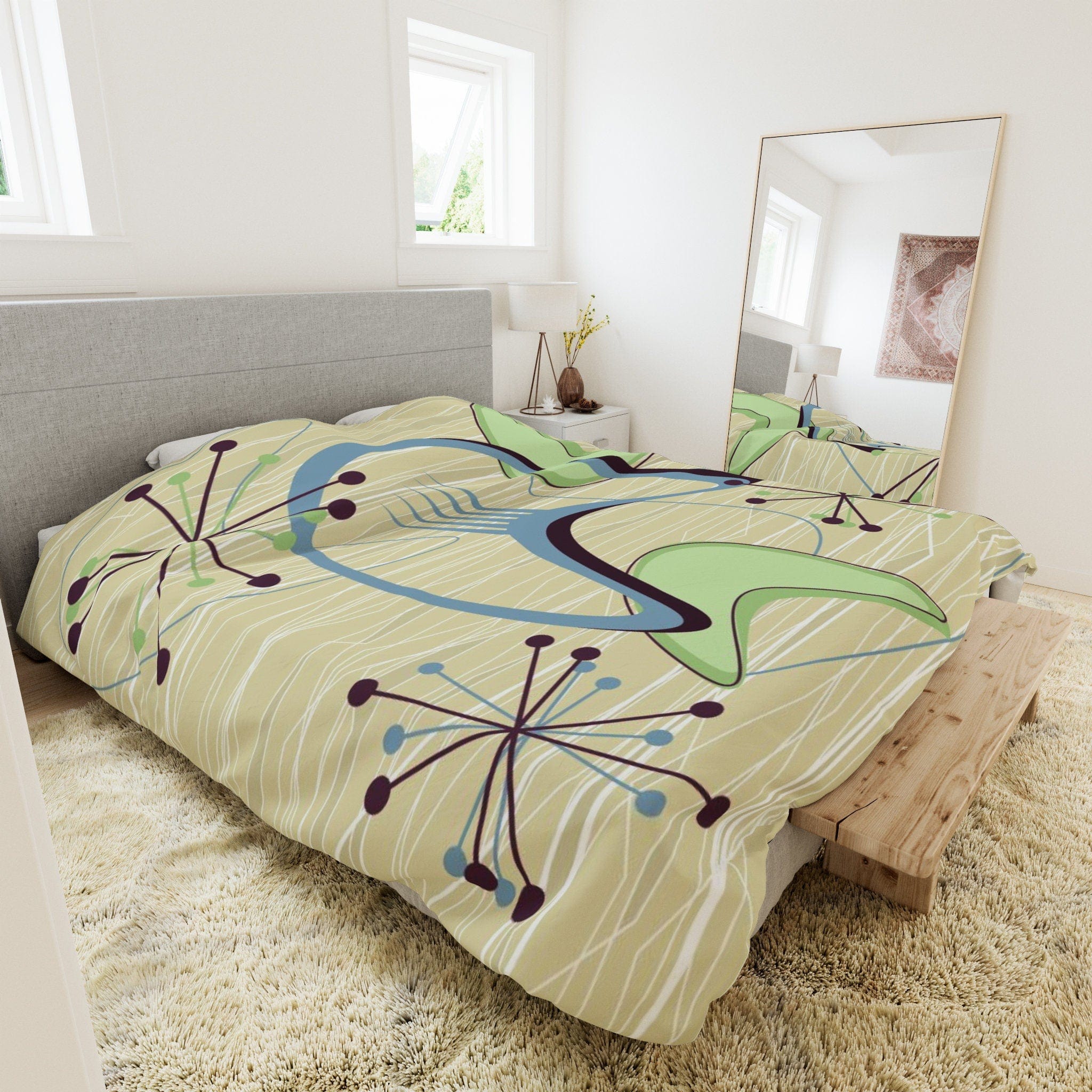 Kate McEnroe New York Atomic Boomerang 1950s Mid Century Modern Duvet Cover, Retro Vintage Beige, Blue, Green Geometric Starburst Queen, King, Twin, XL BeddingDuvet Covers32048312463302339786