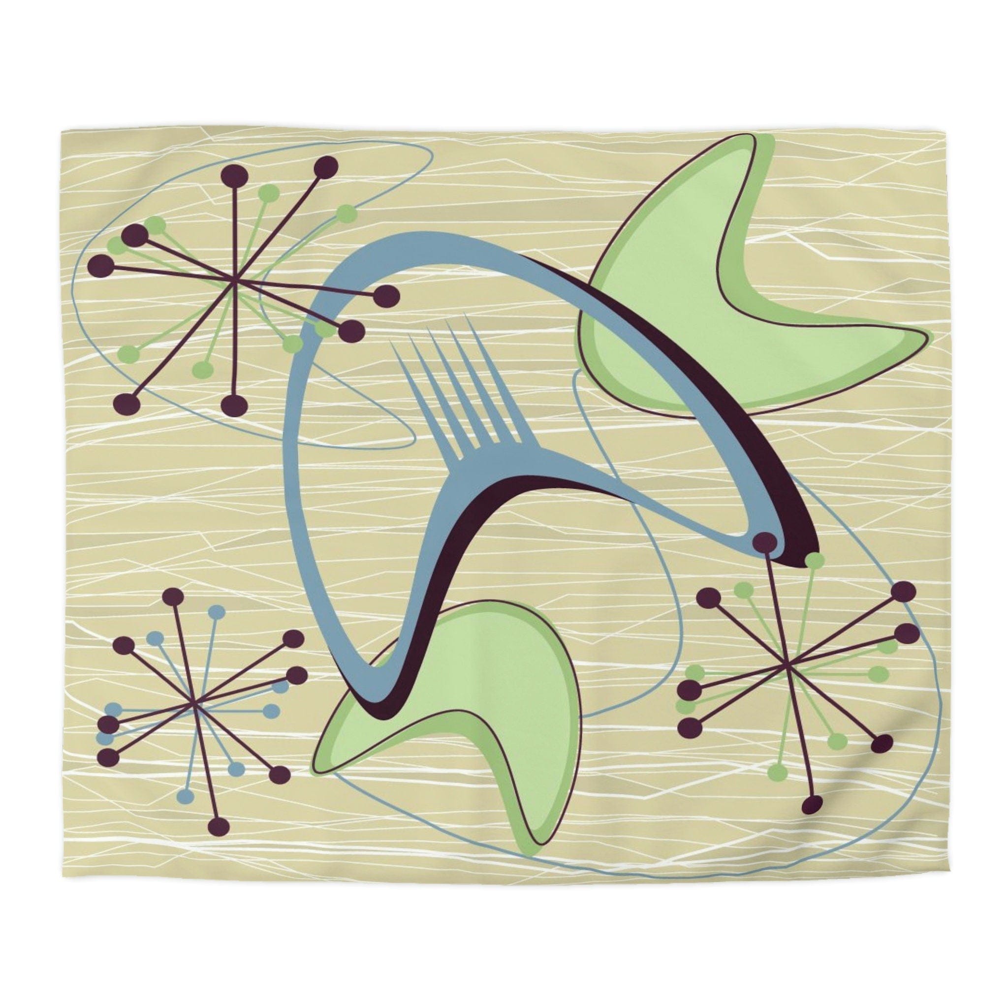 Kate McEnroe New York Atomic Boomerang 1950s Mid Century Modern Duvet Cover, Retro Vintage Beige, Blue, Green Geometric Starburst Queen, King, Twin, XL BeddingDuvet Covers32048312463302339786